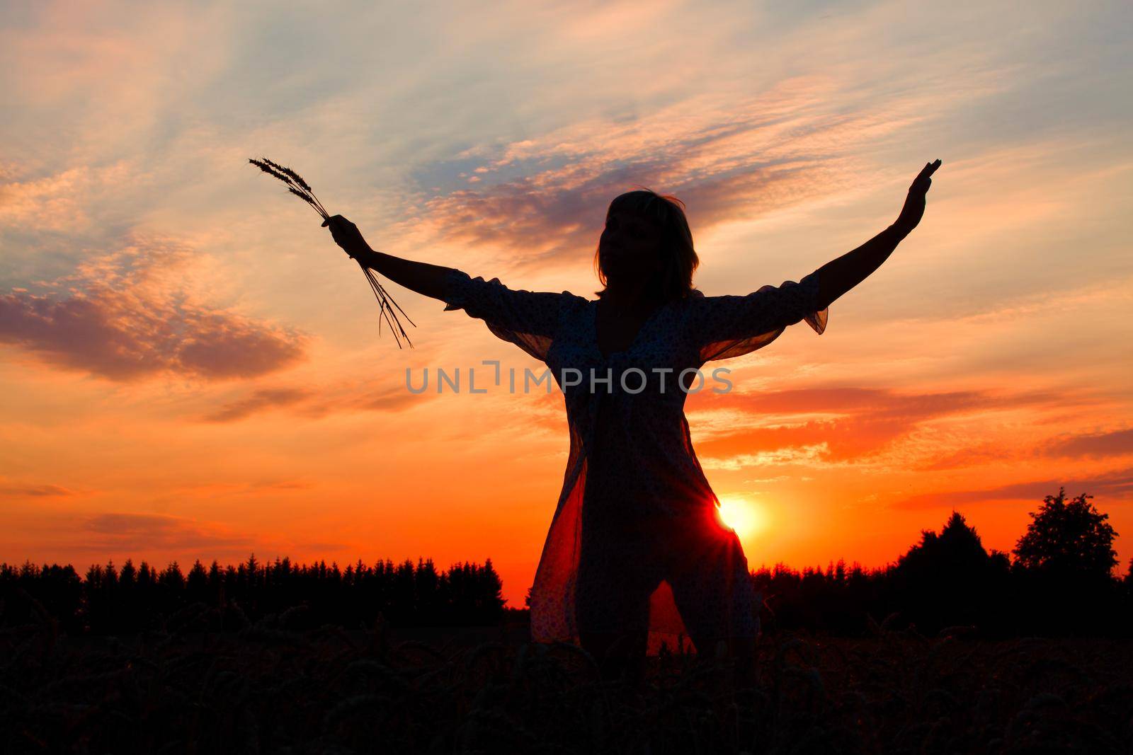 silhouette of a slender young woman against the evening sky