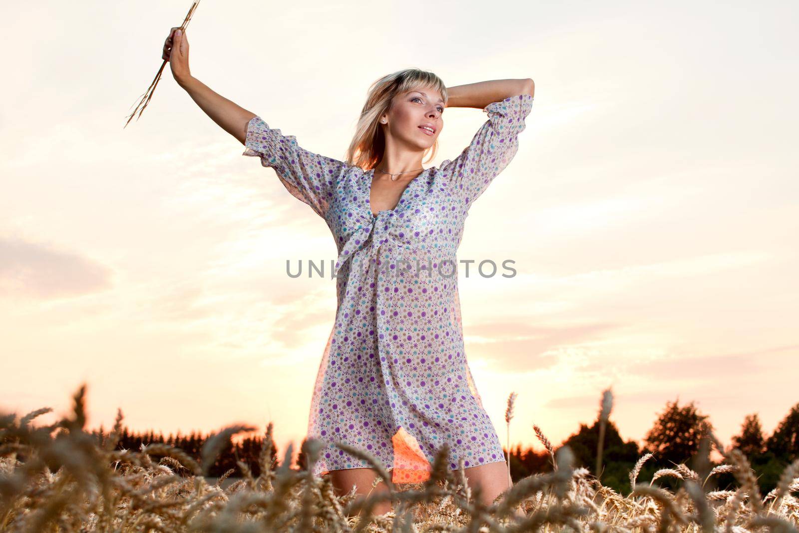 beautiful woman walking on wheat field before sunset