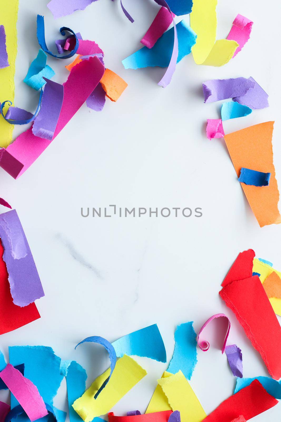 Paper confetti on marble, flatlay background by Anneleven