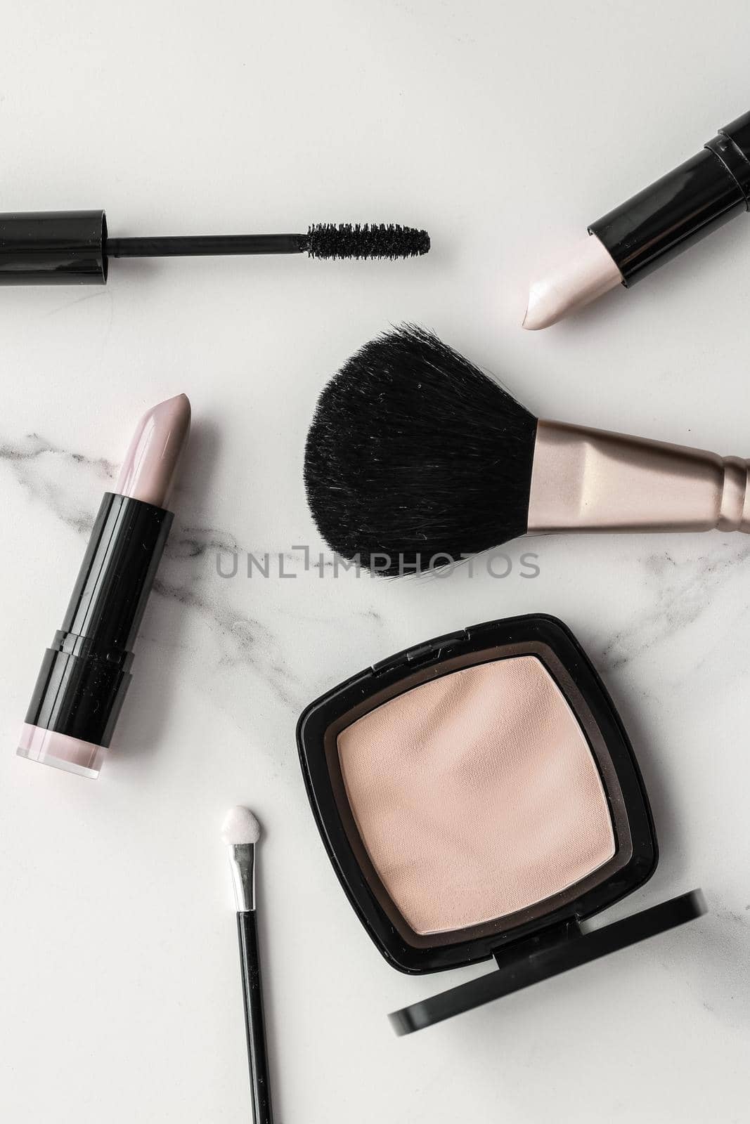 Make-up and cosmetics products on marble, flatlay background by Anneleven