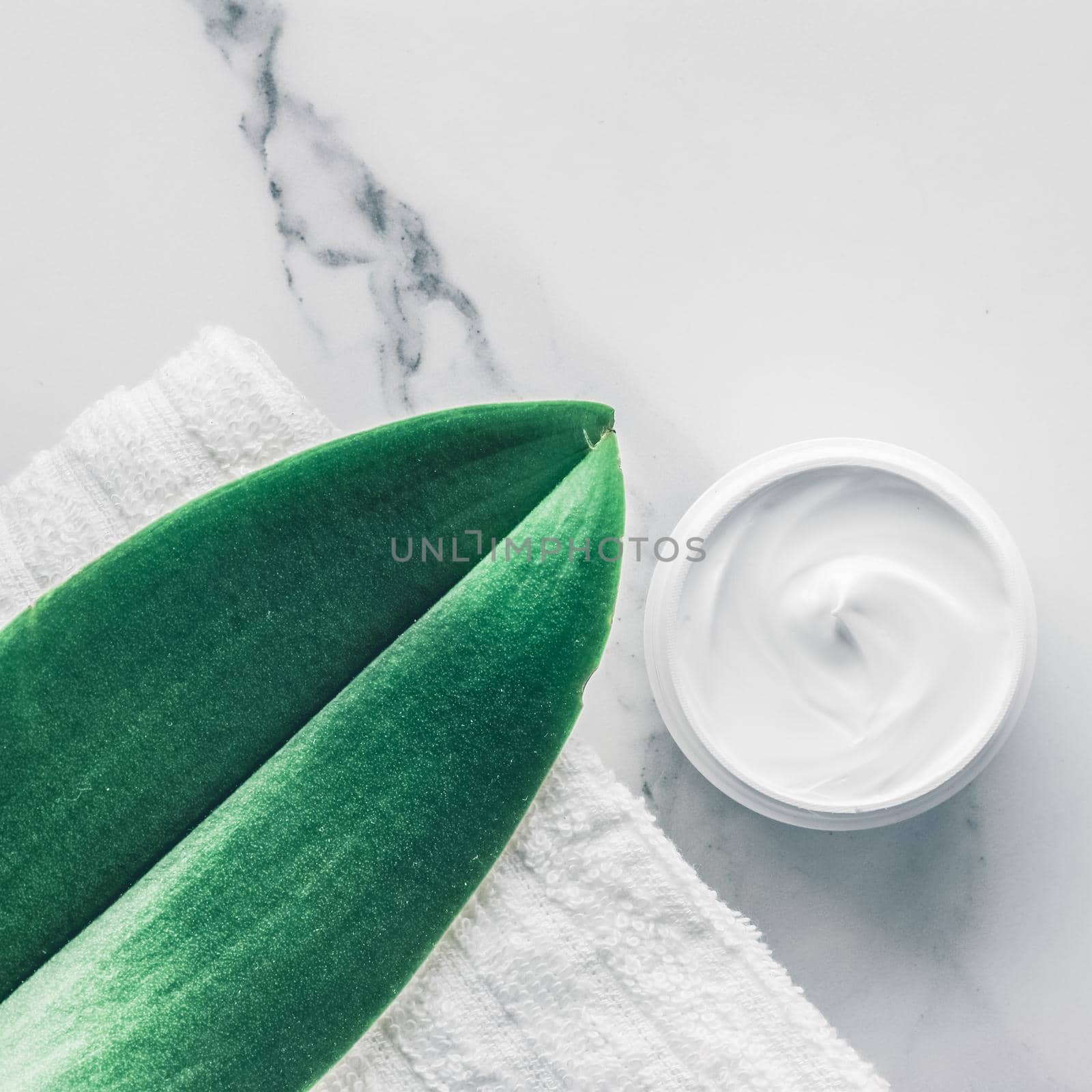 Organic beauty cosmetics on marble, home spa flatlay background by Anneleven