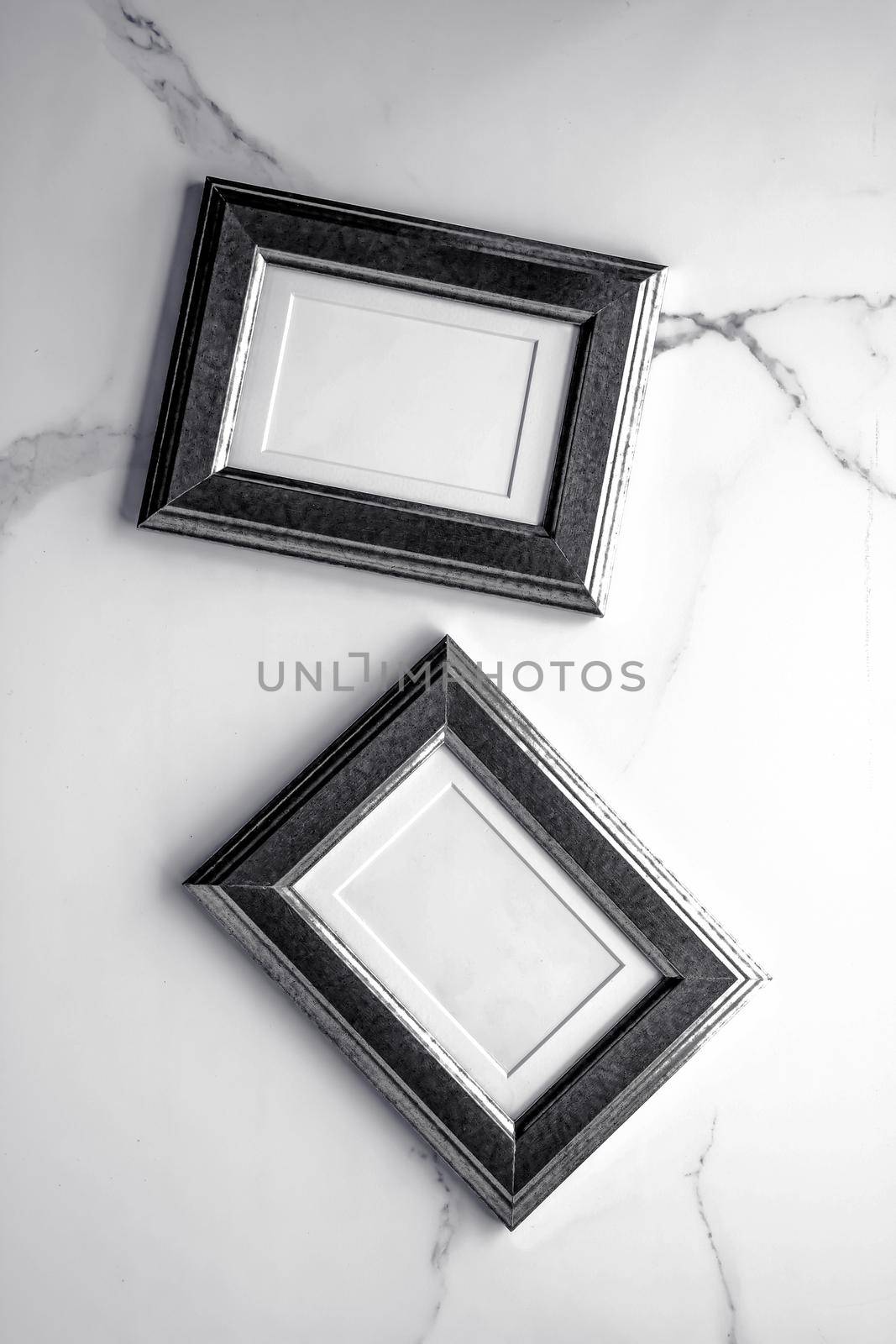 Photo album, artwork mock up, vintage design concept - Black wooden frame on marble, flatlay