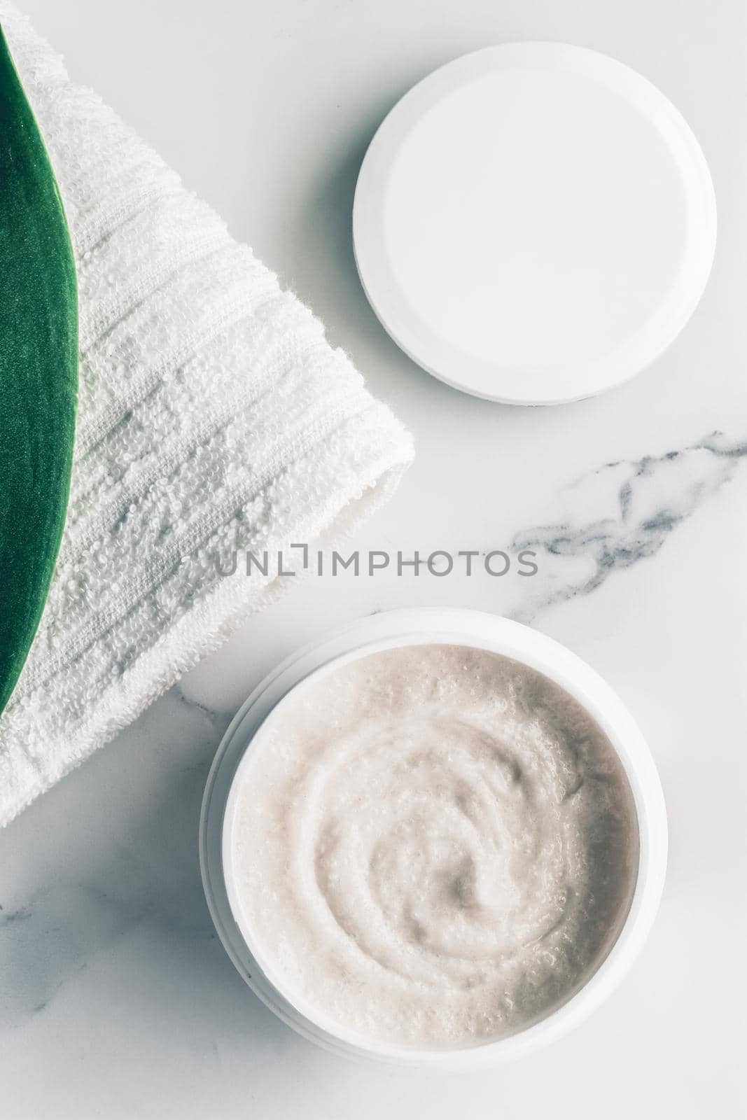 Organic beauty cosmetics on marble, home spa flatlay background by Anneleven