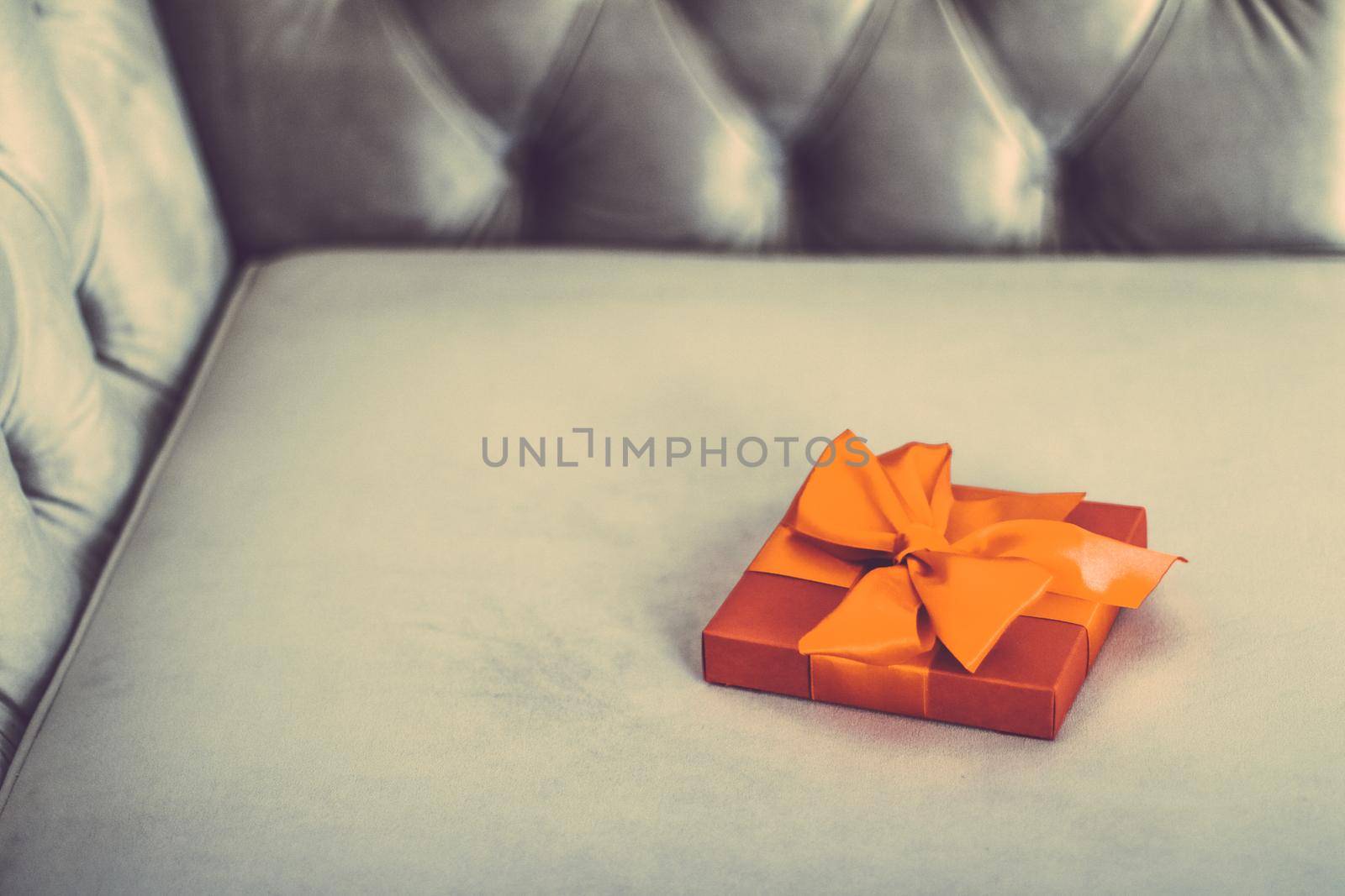 Vintage luxury holiday orange gift box with silk ribbon and bow, christmas or valentines day decor by Anneleven
