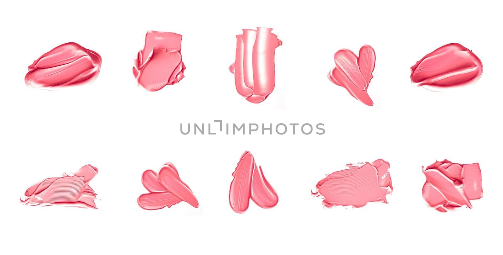 Pastel red beauty swatches, skincare and makeup cosmetic product sample texture isolated on white background, make-up smudge, cream cosmetics smear or paint brush stroke closeup