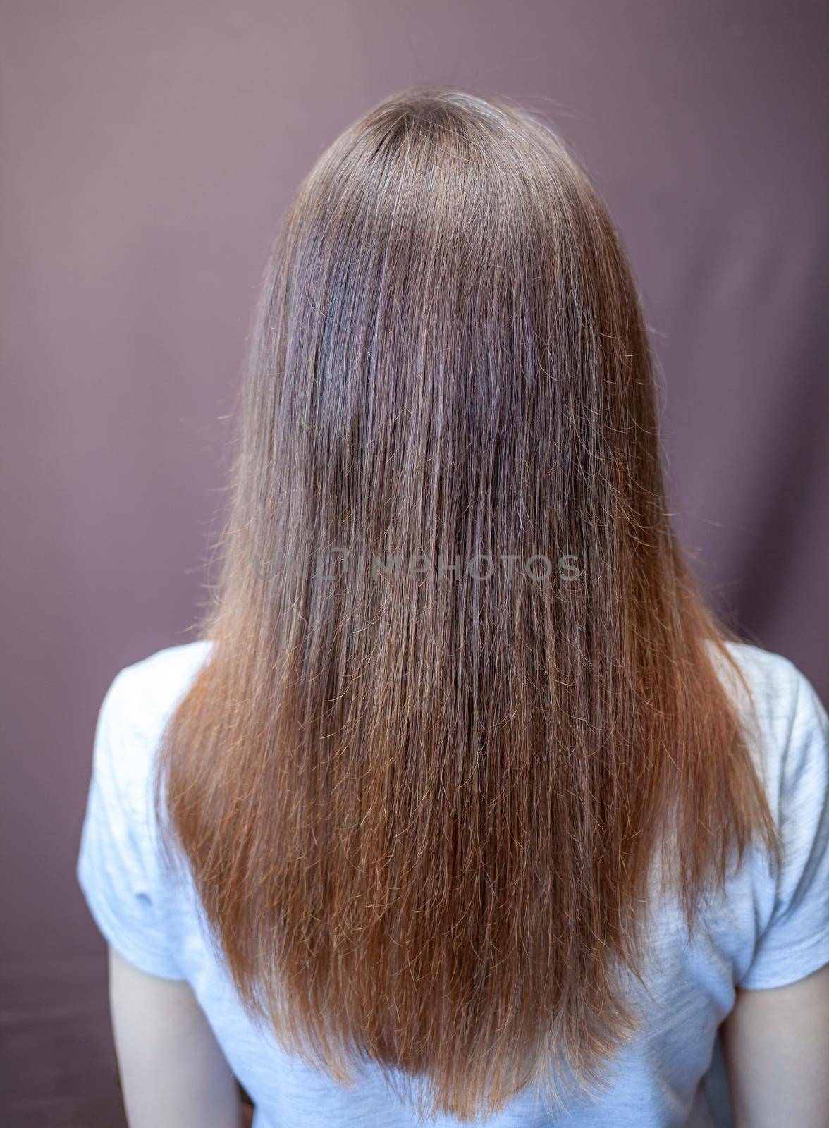 A girl with long, straight and beautiful brown hair. Hair care at home. Hair regrowth after hair coloring with henna. Back view