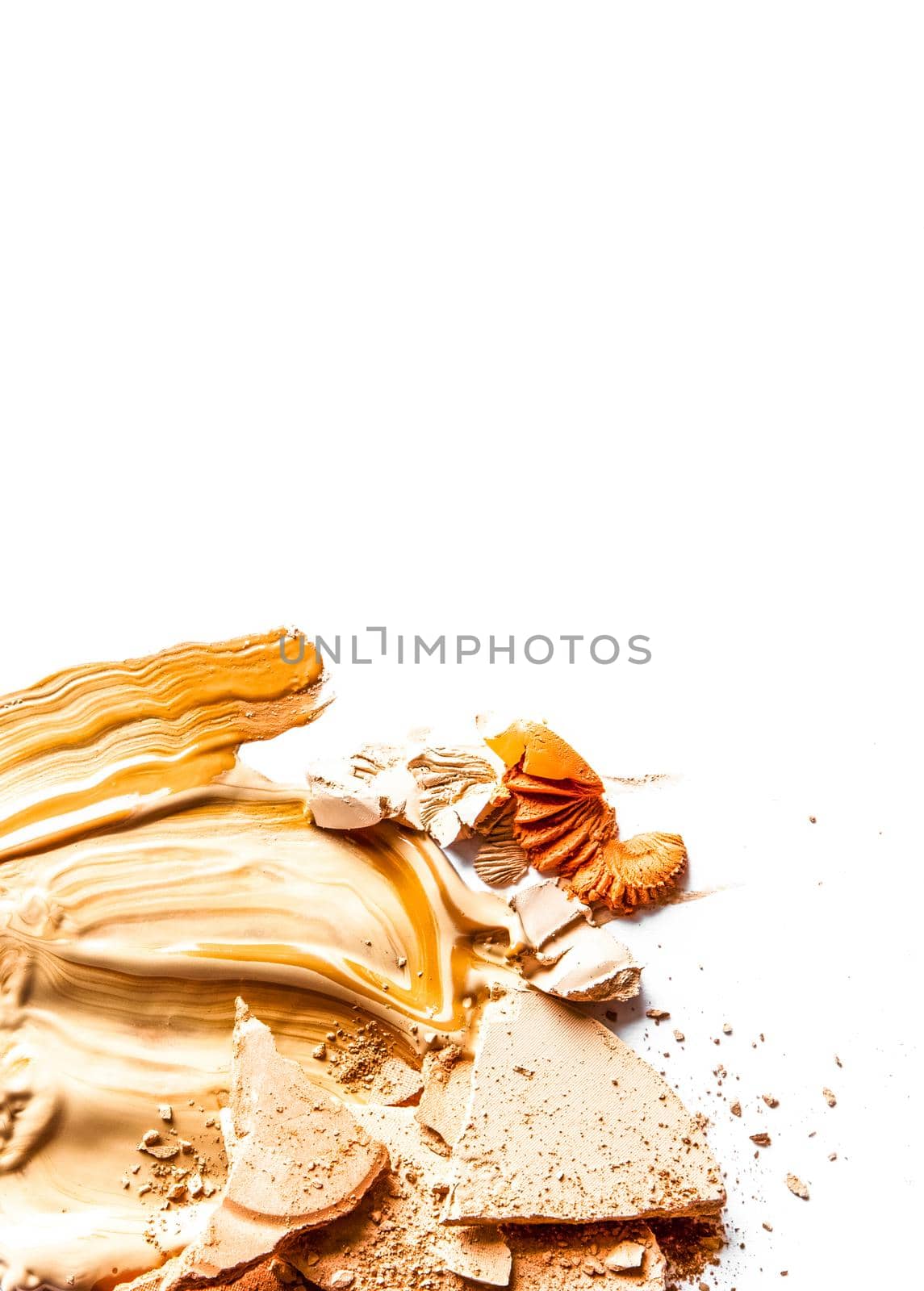 Crushed eyeshadow, powder and liquid foundation close-up isolated on white background by Anneleven