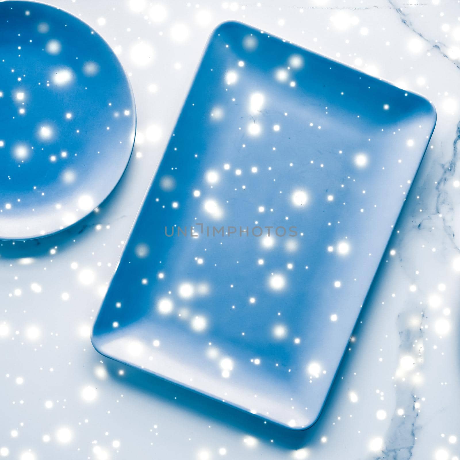 Recipe design, restaurant menu and festive decor concept - Blue empty plate on marble table flatlay background, tableware decoration for holiday dinner in Christmas time