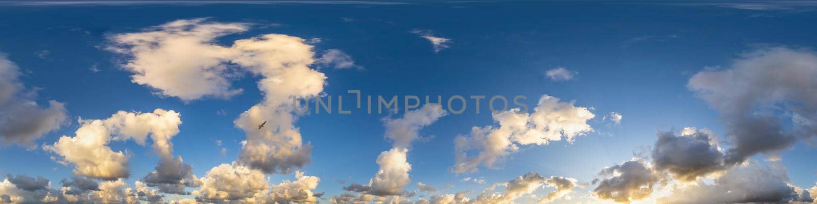 Sky panorama with Cirrus clouds in Seamless spherical equirectangular format. Full zenith for use in 3D graphics, game and editing aerial drone 360 degree panoramas for sky replacement