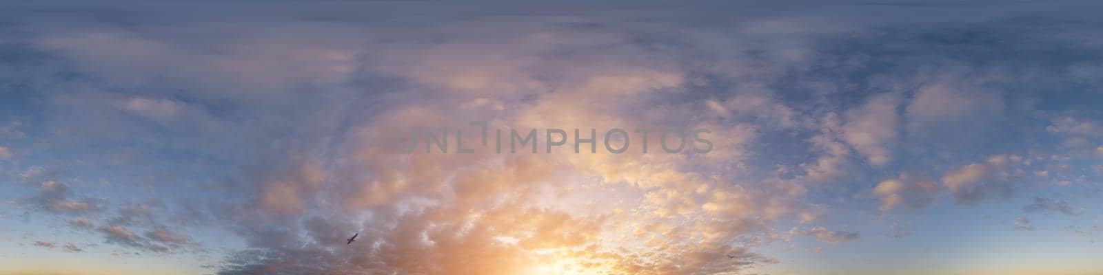 Dark blue sunset sky panorama with pink Cumulus clouds. Seamless hdr 360 pano in spherical equirectangular format. Full zenith for 3D visualization, game, sky replacement for aerial drone panoramas