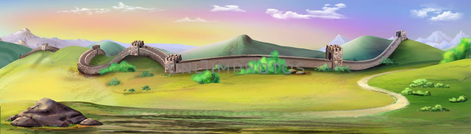 The great Wall of China on a summer day. Digital Painting Background, Illustration.