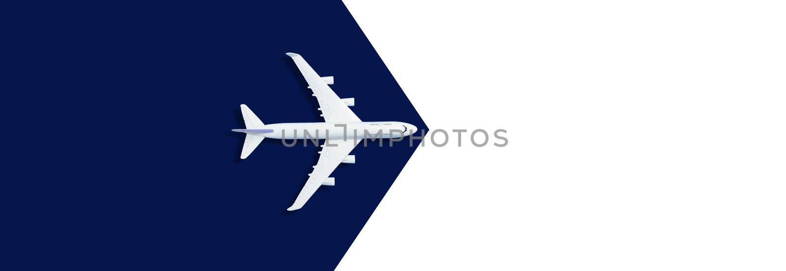 Flat lay design of travel concept with plane on blue runway back by Andelov13