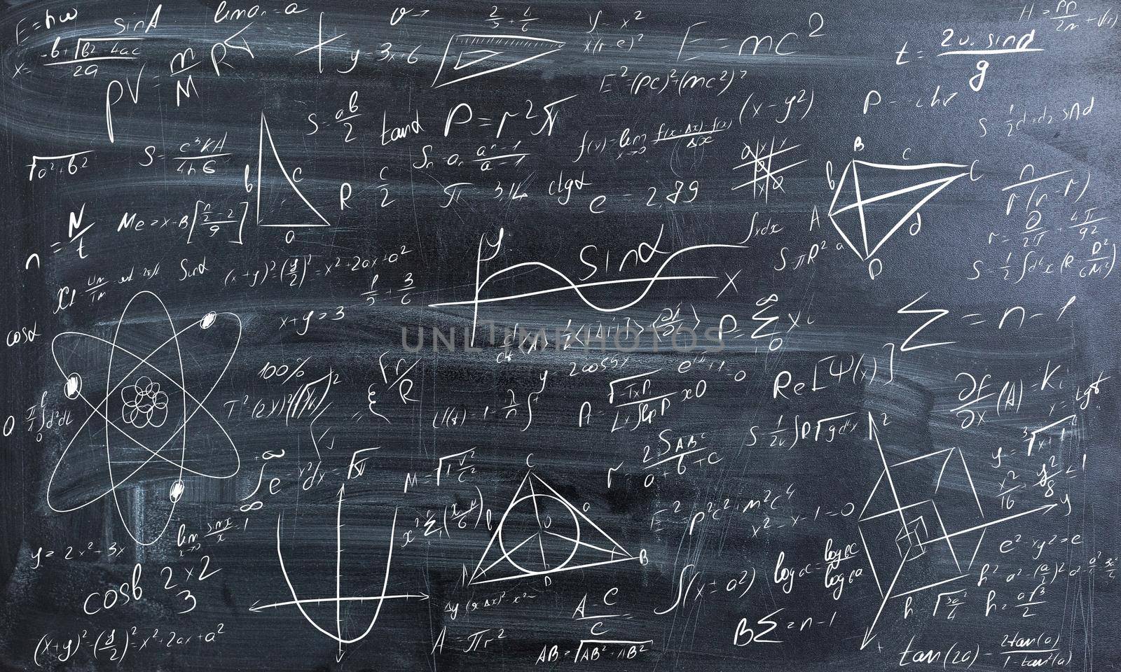Blackboard inscribed with scientific formulas and calculations in physics and mathematics. . High quality photo