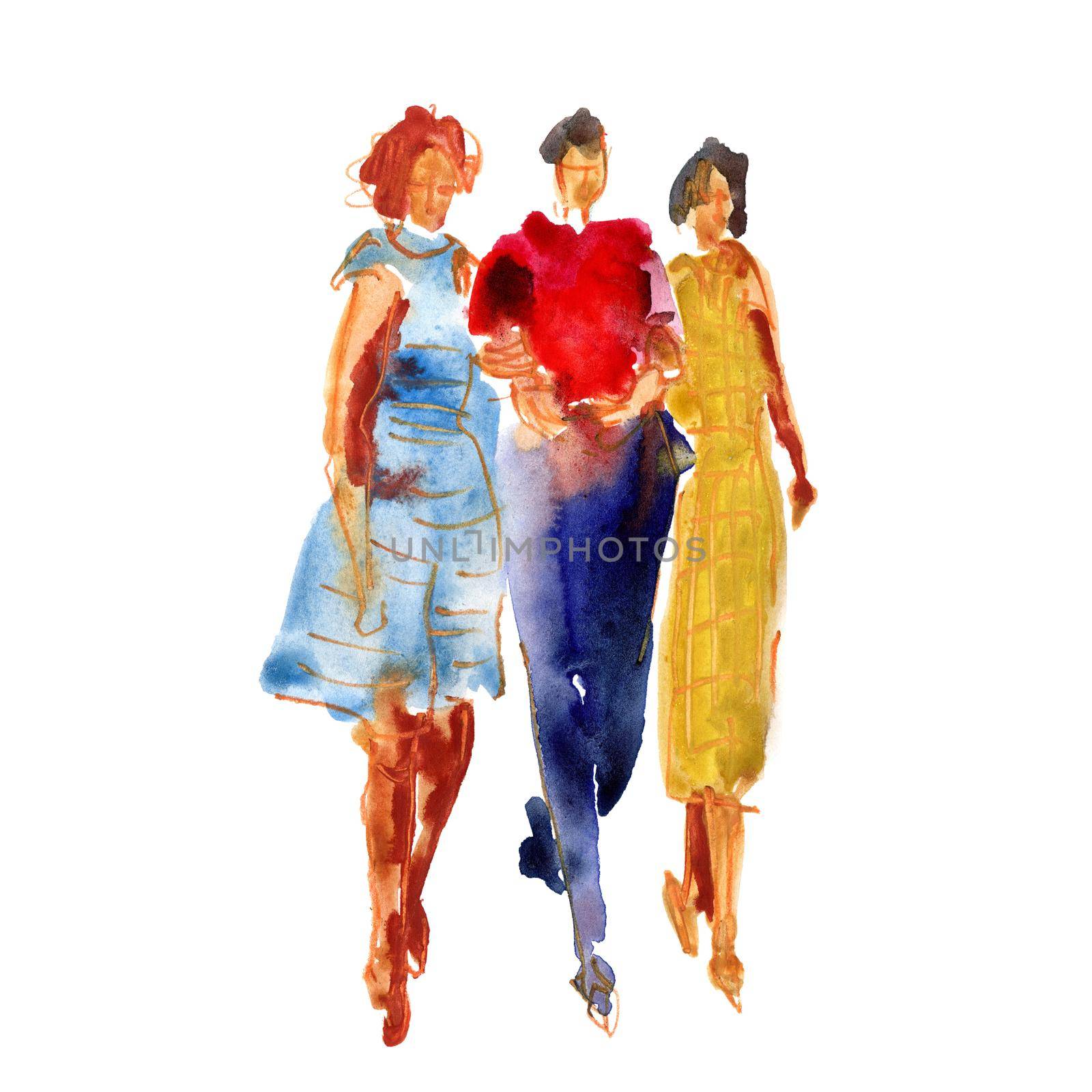 Hand watercolor illustration: a company of girls in fashionable clothes