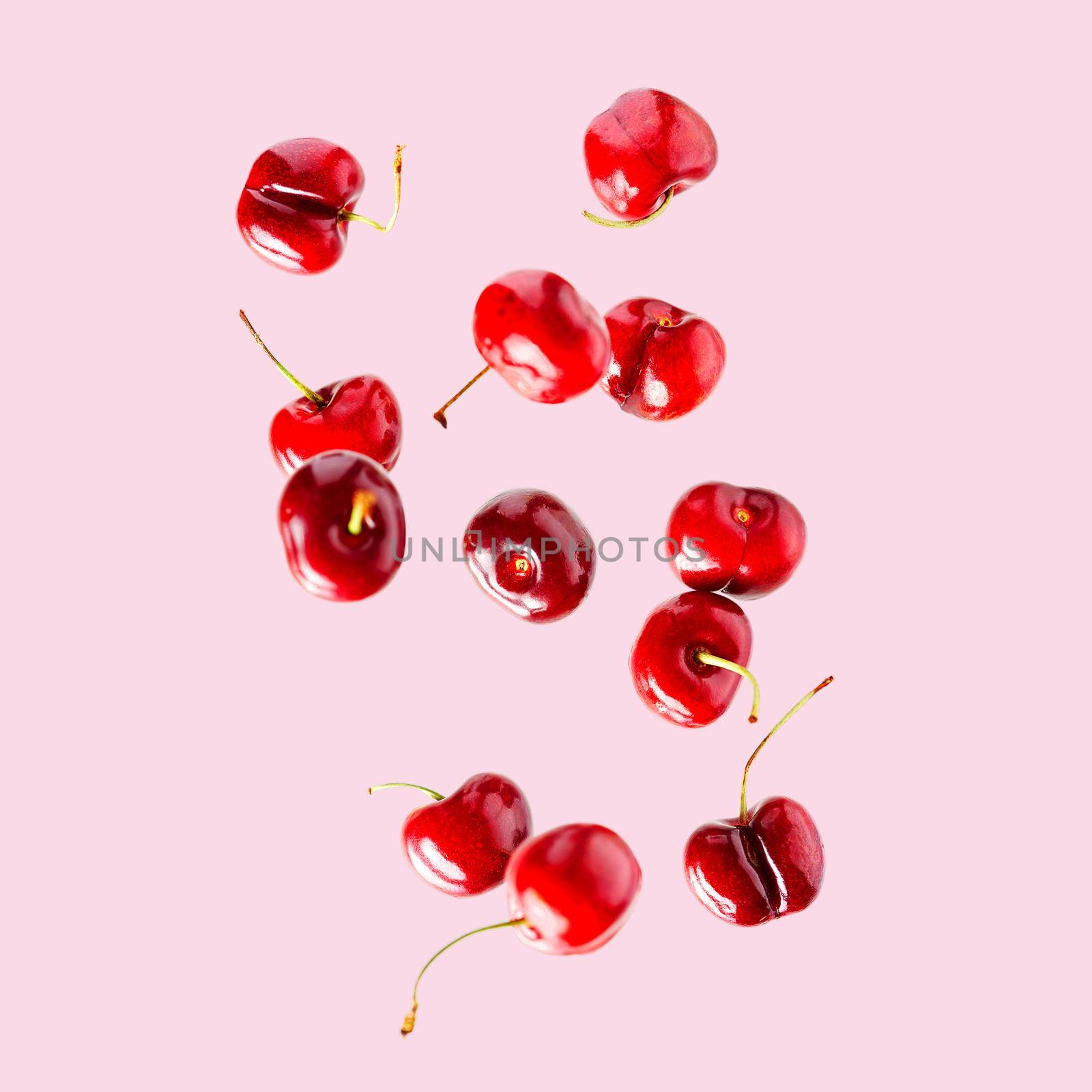 Set of falling ripe cherries. Banner design. Flying fruit as package design element