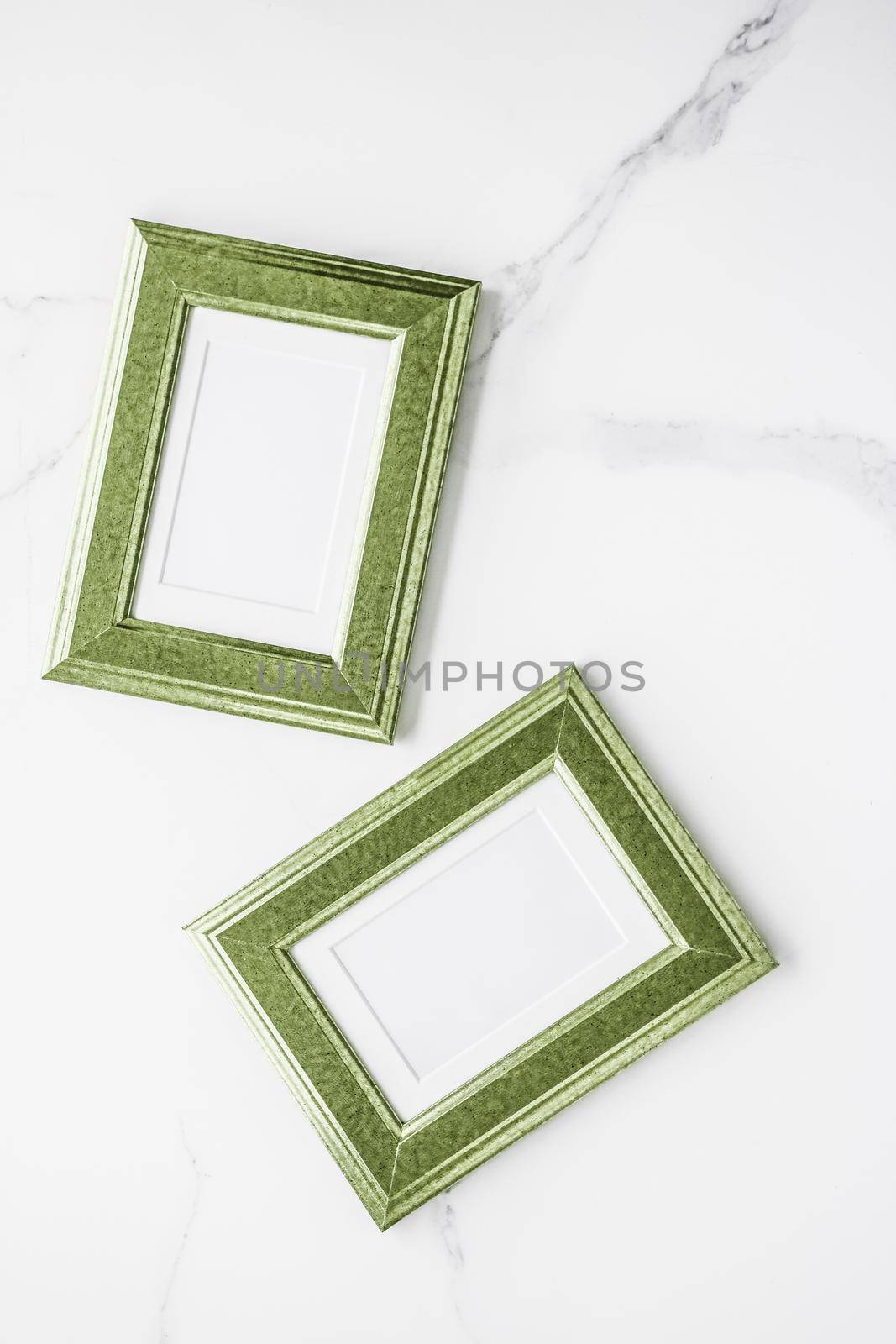 Modern feminine, artwork mock up, luxury design concept. Decorate with chic and style - Green photo frame on marble, flatlay