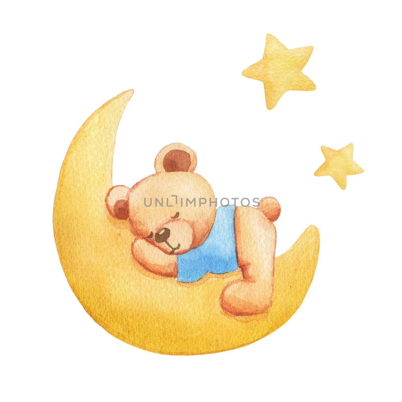Watercolor hand draw illustration teddy bear boy in blue t-shirt sleeping on moon. Animal character isolated on white background