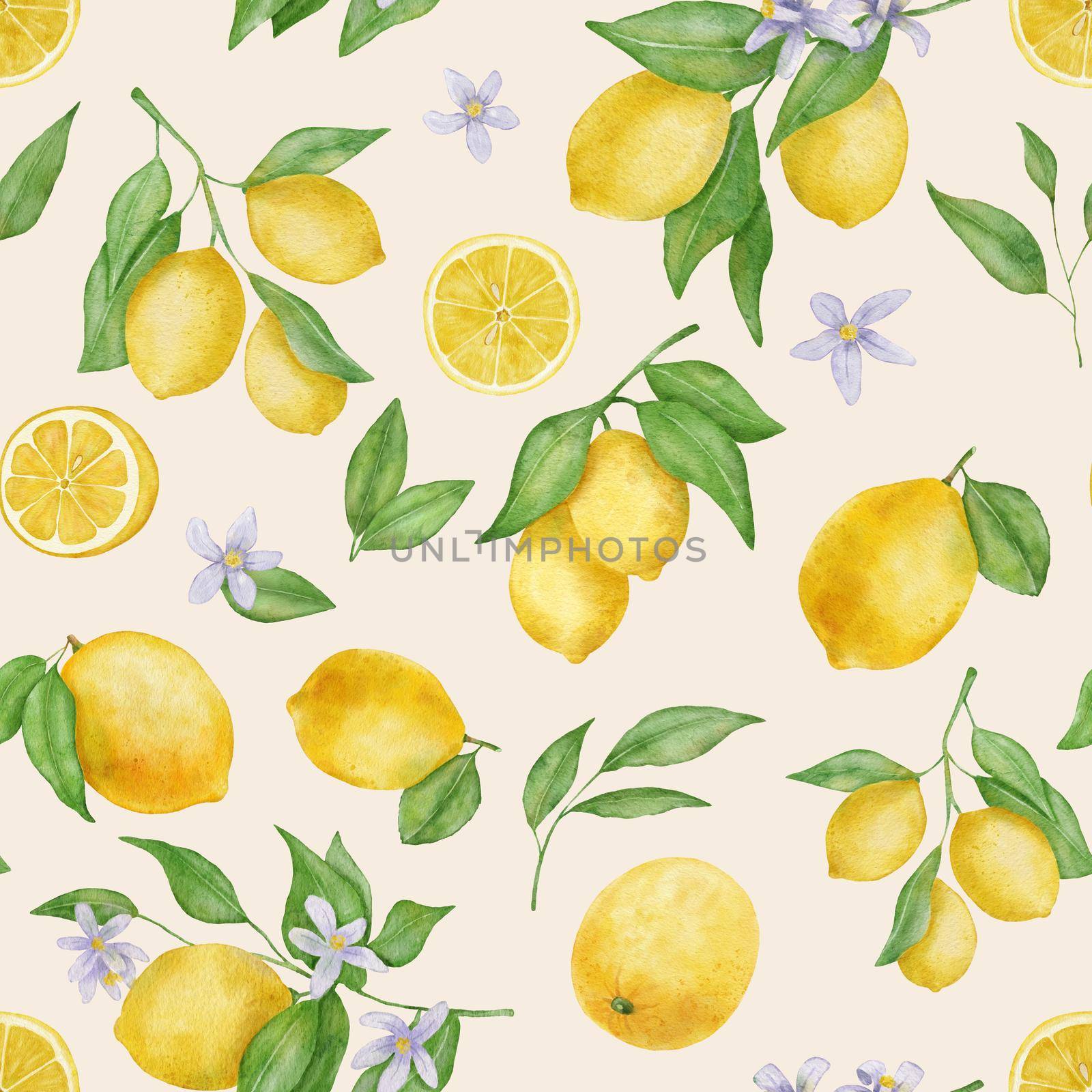 Lemon fruits with leaves and flower watercolor seamless pattern on beige background by ElenaPlatova
