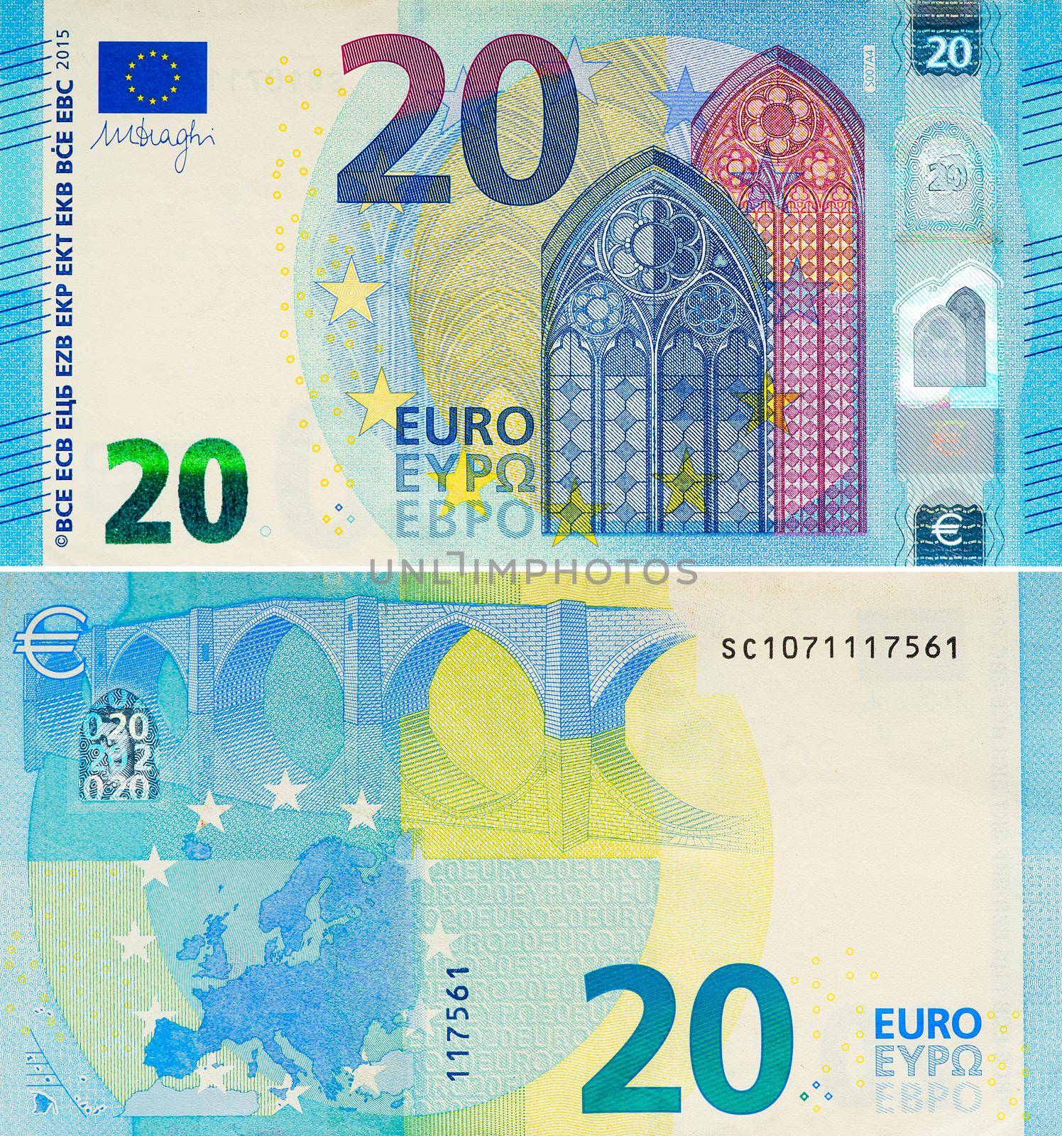 One twenty Euro bill. 20 euro banknote close-up. The euro is the official currency of 19 out of the 27 member states of the European Union