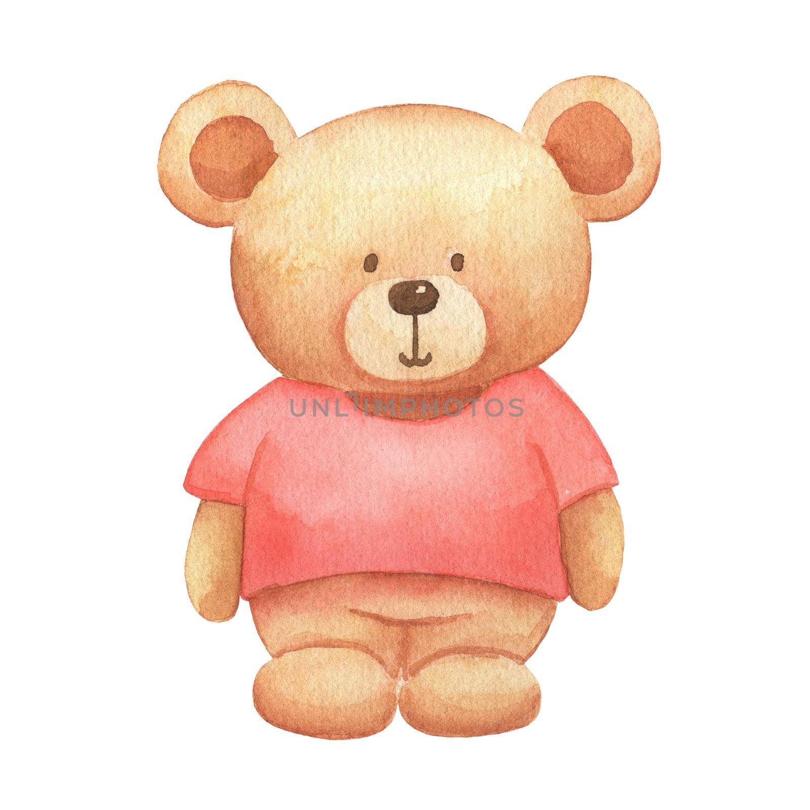 Watercolor cute bear toy in pink T-shirt. Hand drawn illustration isolated on white