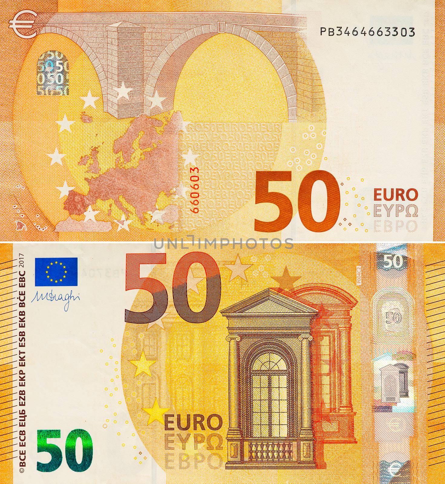 One fifty Euro bill. 50 euro banknote close-up. The euro is the official currency of 19 out of the 27 member states of the European Union