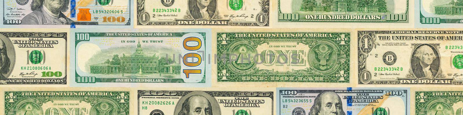 USD banknotes creative layout. Background from United States banknotes, usd. United States dollars of different denominations abstract background