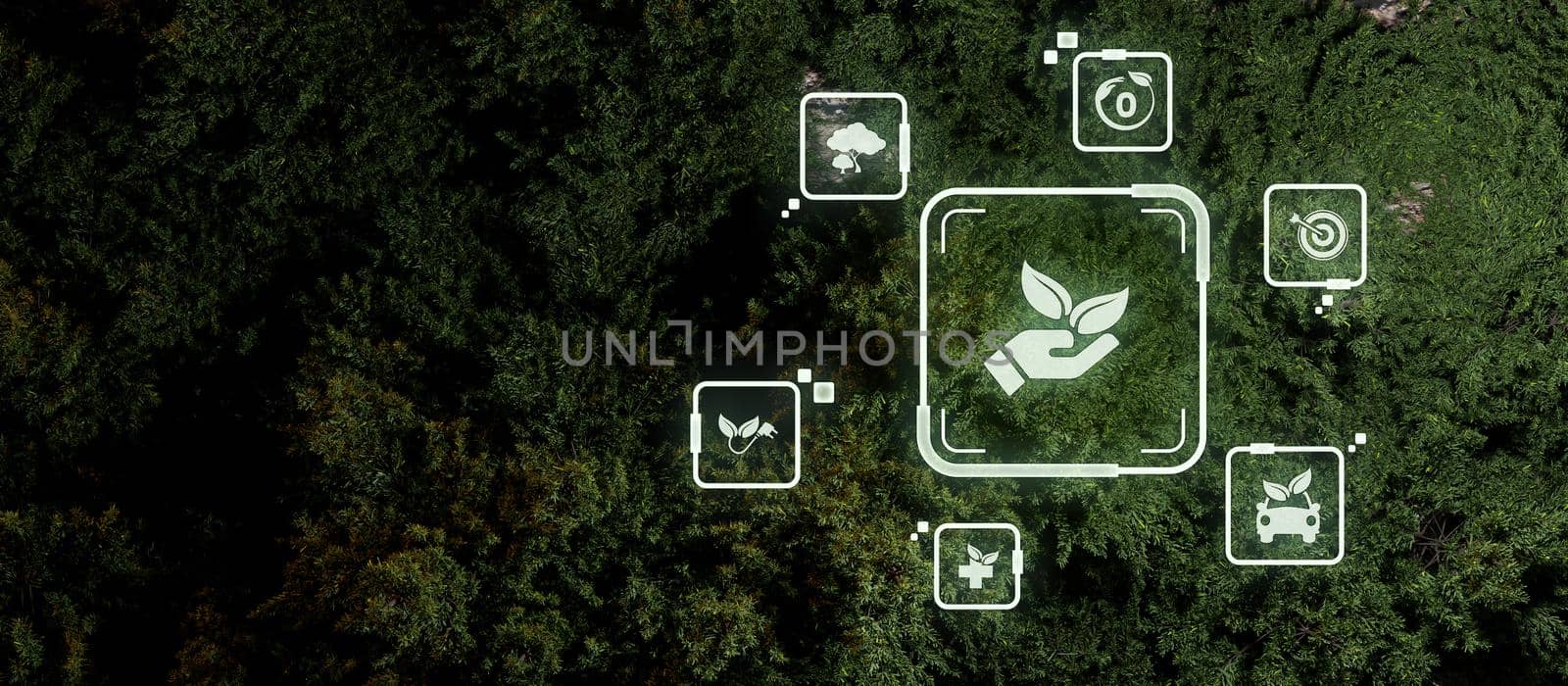 Hand holding plant on green forest eco icons 3D render