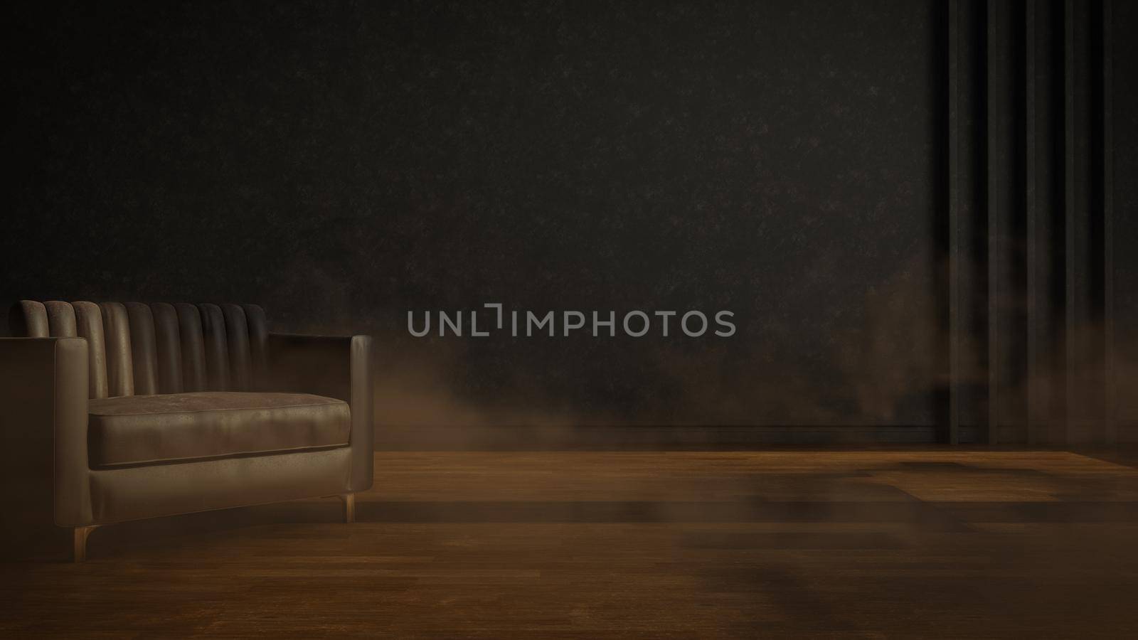 Grungy Smoke Living Room with Sofa Brown Vintage Gloomy 3D Render