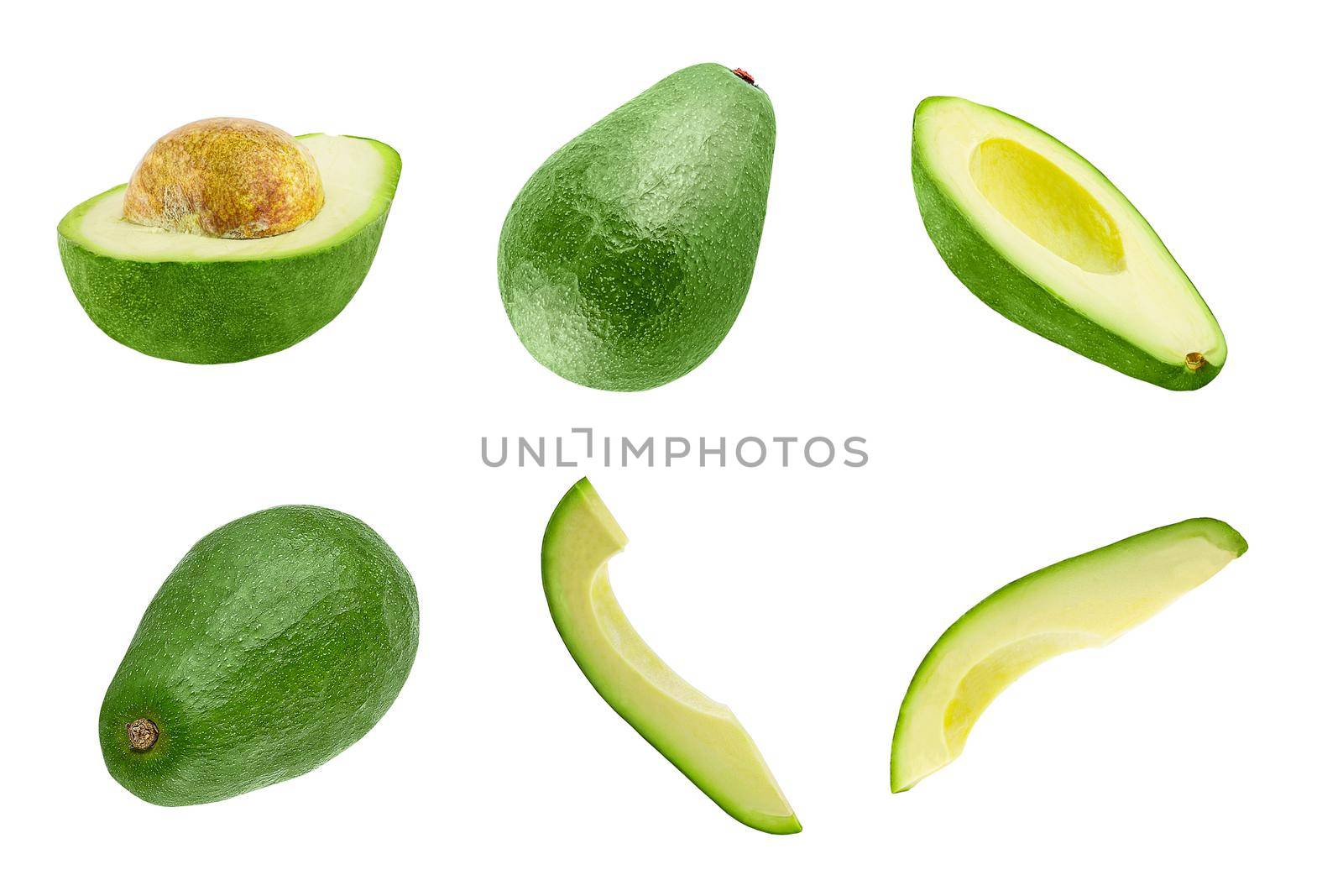 Isolated fruit collection. Six avocados isolated on white background