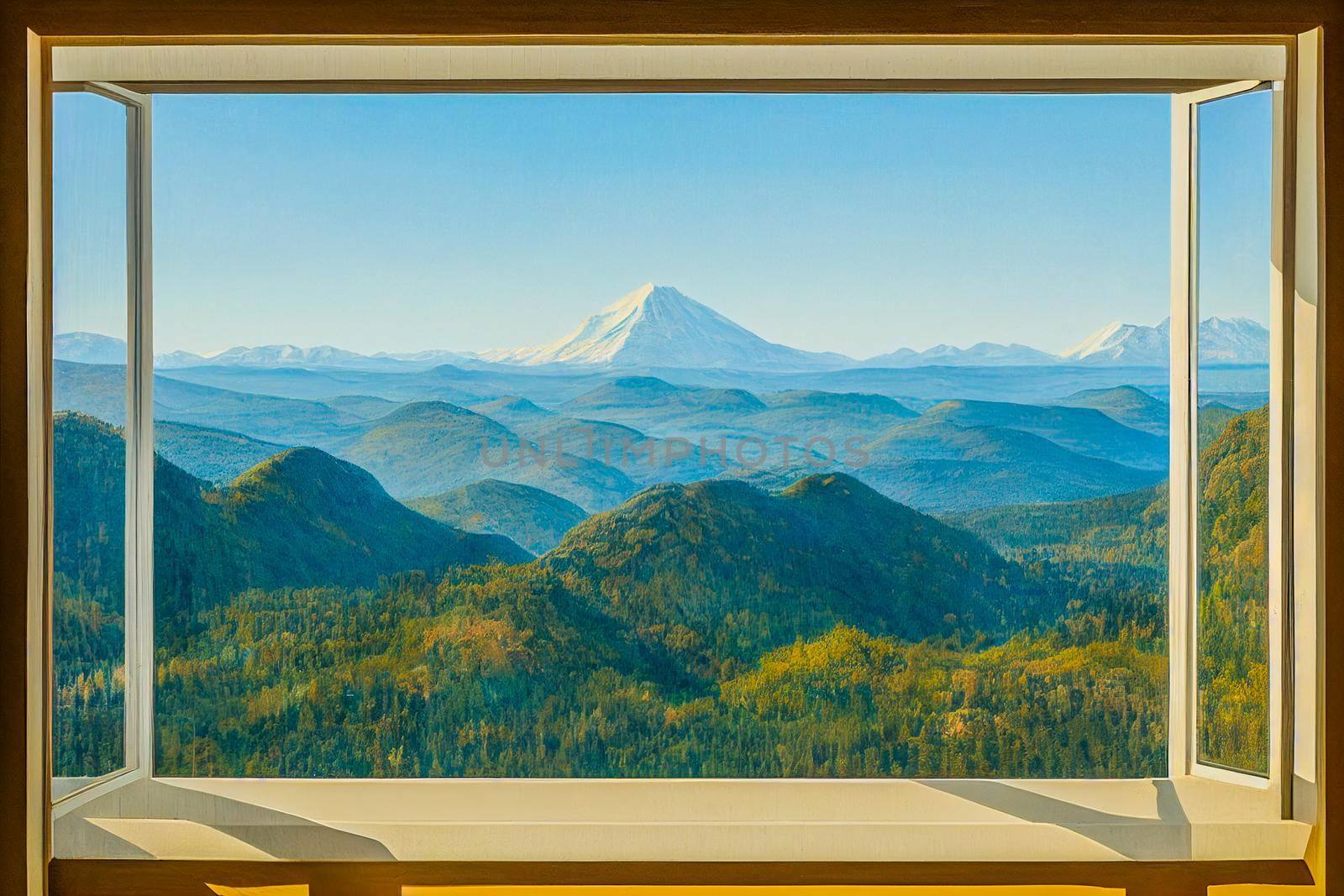 3D Render digital art painting of mountain view outside the window with selective focused and blurred.