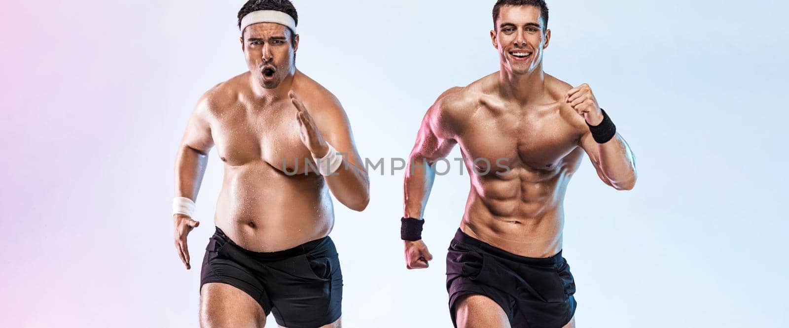 A very fat man jogging to lose weight and become a slim athlete. Running sport man. Awesome Before and After Weight Loss fitness Transformation. Fat to fit concept