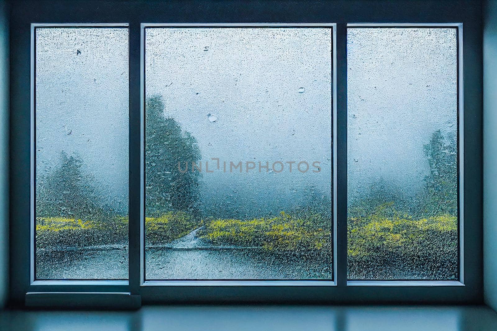 3D Render digital art painting of raining outside the window with selective focused and blurred.