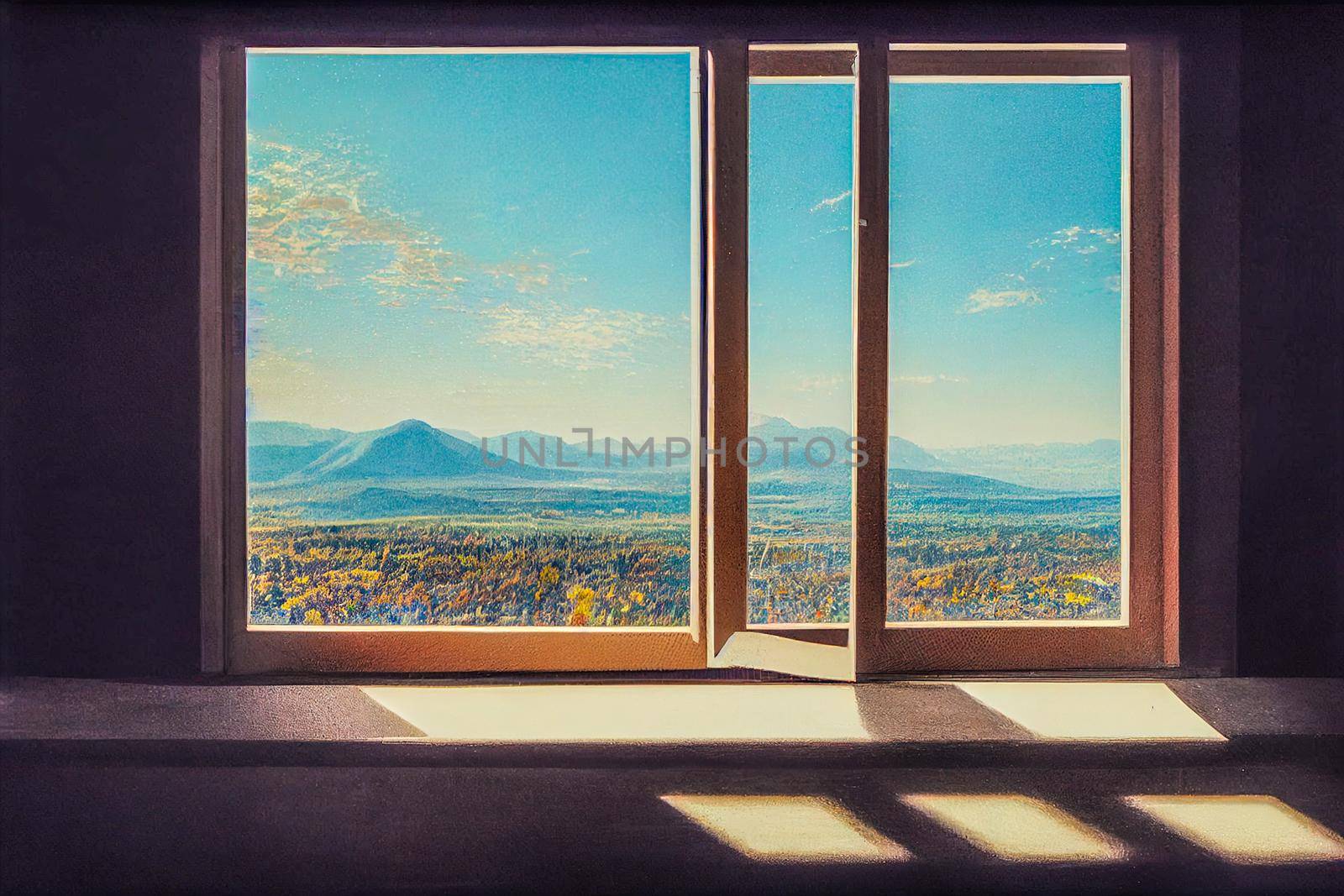 3D Render digital art painting of mountain view outside the window with selective focused and blurred.