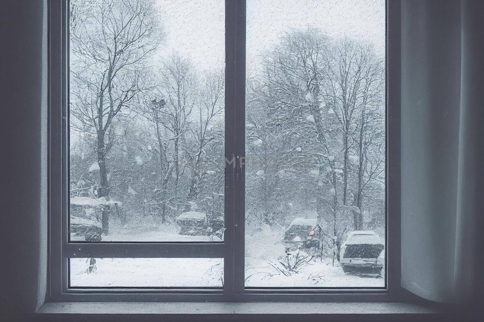 3D Render digital art painting of snow outside the window with selective focused and blurred.