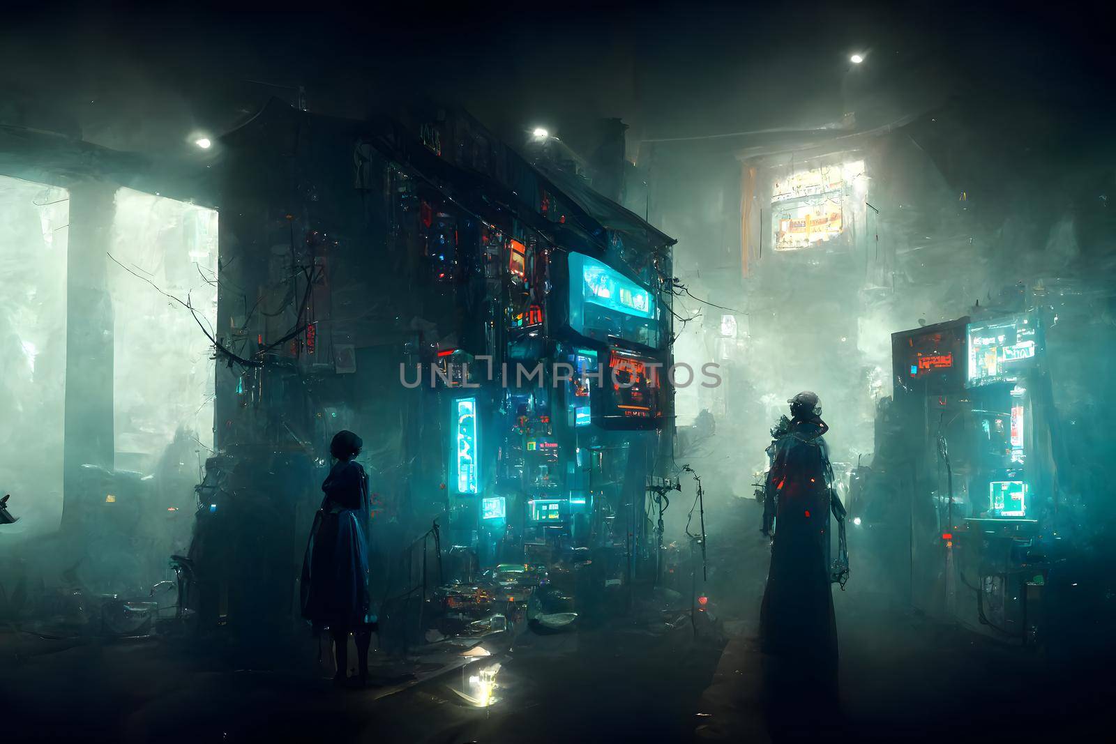 cyberpunk witches hideout in foggy hacker place, neural network generated art. Digitally generated image. Not based on any actual scene or pattern.