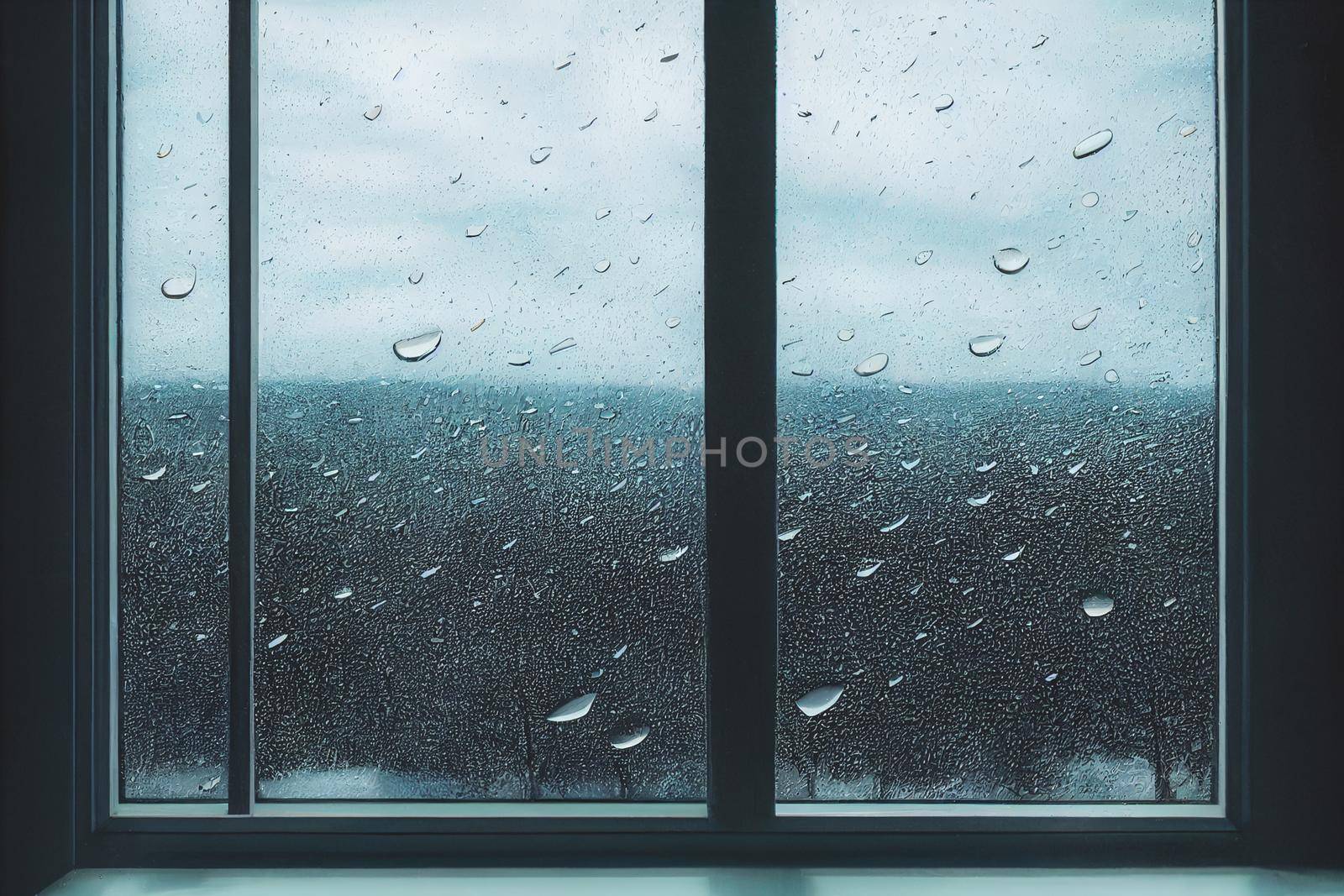 3D Render digital art painting of raining outside the window with selective focused and blurred.