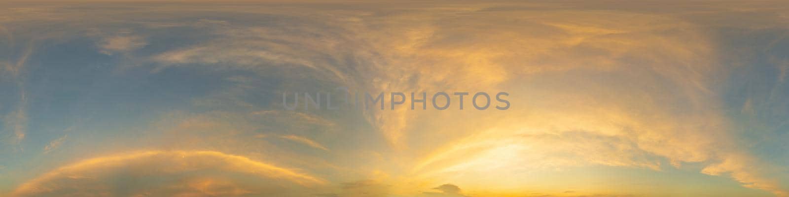 Sky panorama with Cirrus clouds in Seamless spherical equirectangular format. Full zenith for use in 3D graphics, game and editing aerial drone 360 degree panoramas for sky replacement