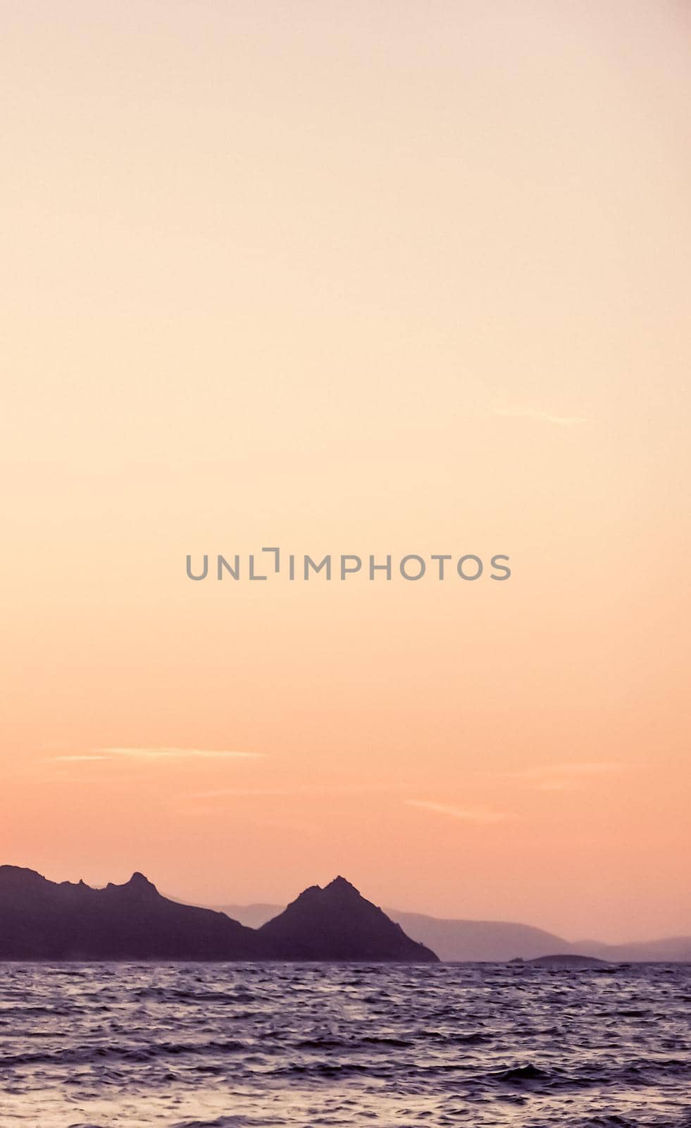 Nature, twilight and vintage beach holiday concept - Summer sunset at the Mediterranean sea coast, seascape and mountain view