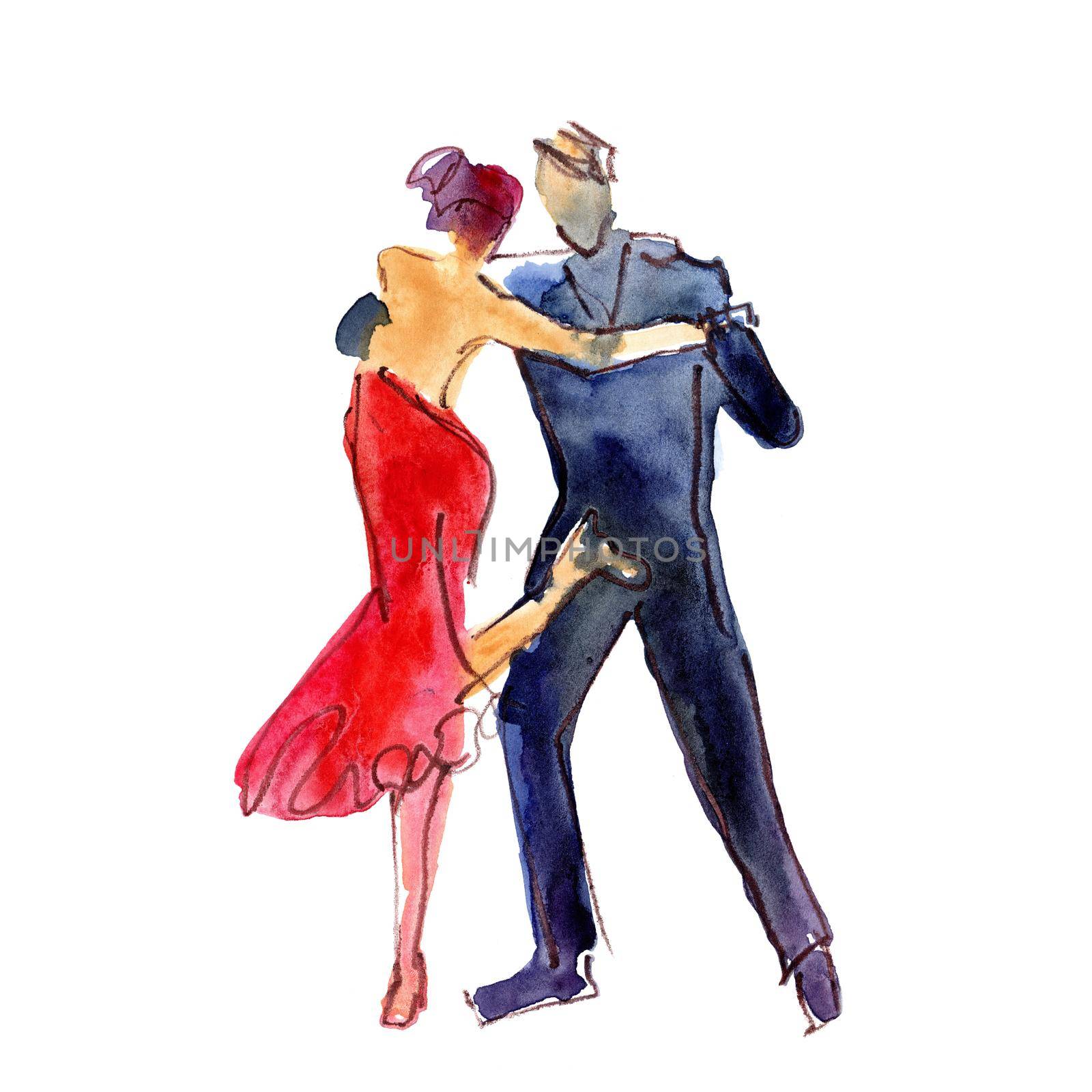 Watercolor illustration: couple, man and woman dancing tango by maclura