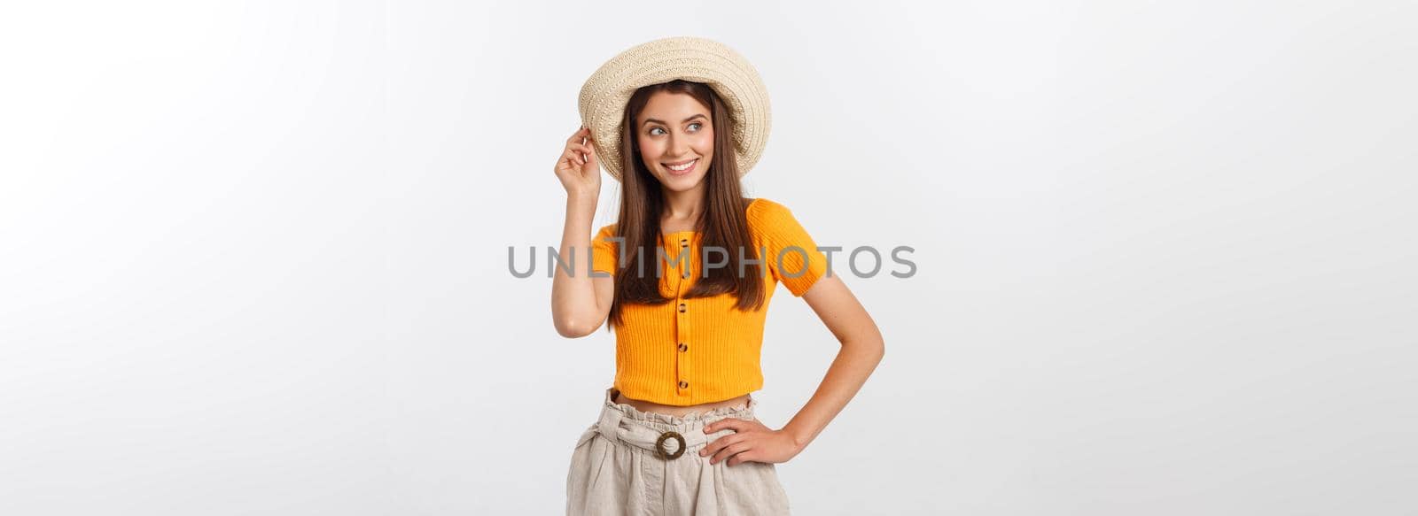 Travel concept - Close up Portrait young beautiful attractive girl wtih trendy hat and smiling. White Background. Copy space. by Benzoix