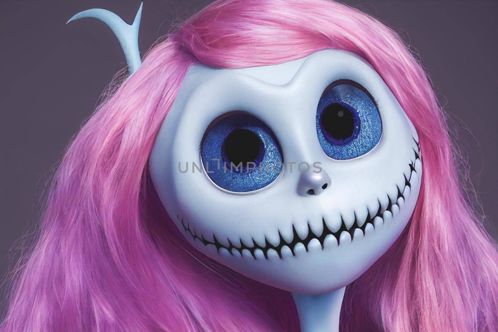 3D render, selective focused, blurred, Spooky portrait pale white humanoid of a woman with light blonde and pink hair in halloween makeup.