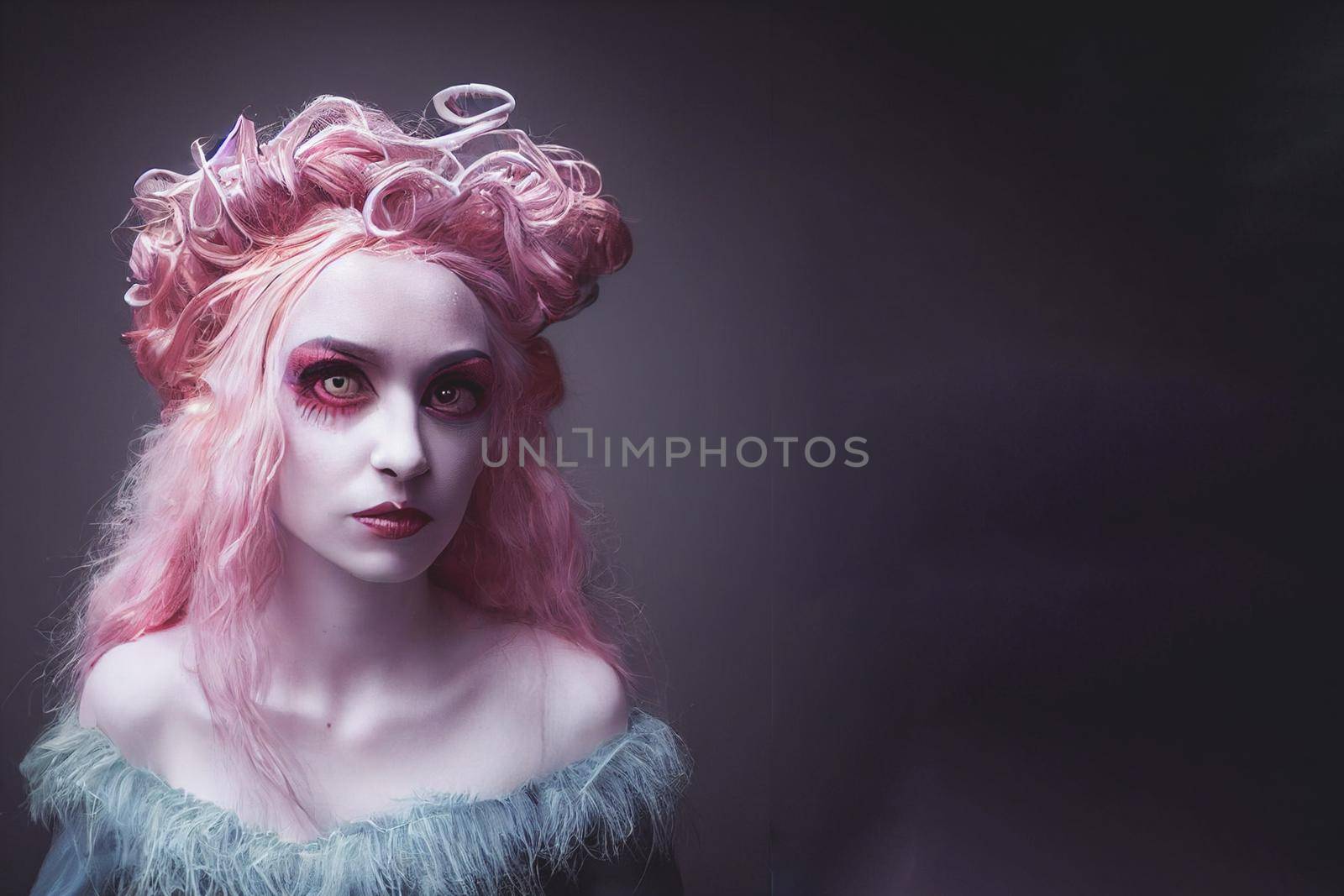 3D render, selective focused, blurred, Spooky portrait pale white humanoid of a woman with light blonde and pink hair in halloween makeup.