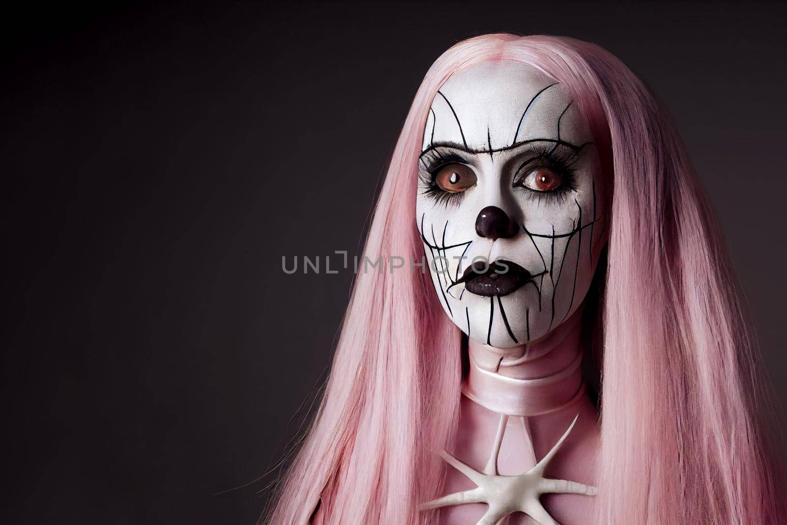 3D render, selective focused, blurred, Spooky portrait pale white humanoid of a woman with light blonde and pink hair in halloween makeup.