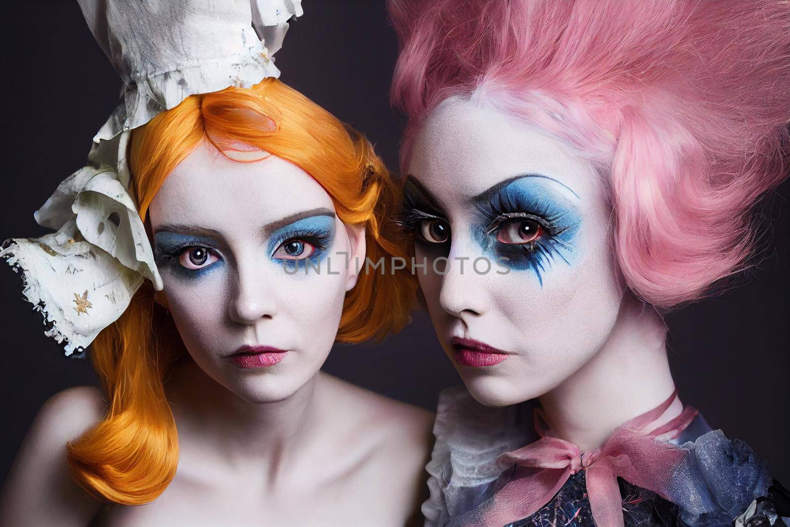 Spooky portrait pale white humanoid of a woman with light blonde and pink hair in halloween makeup. by FokasuArt