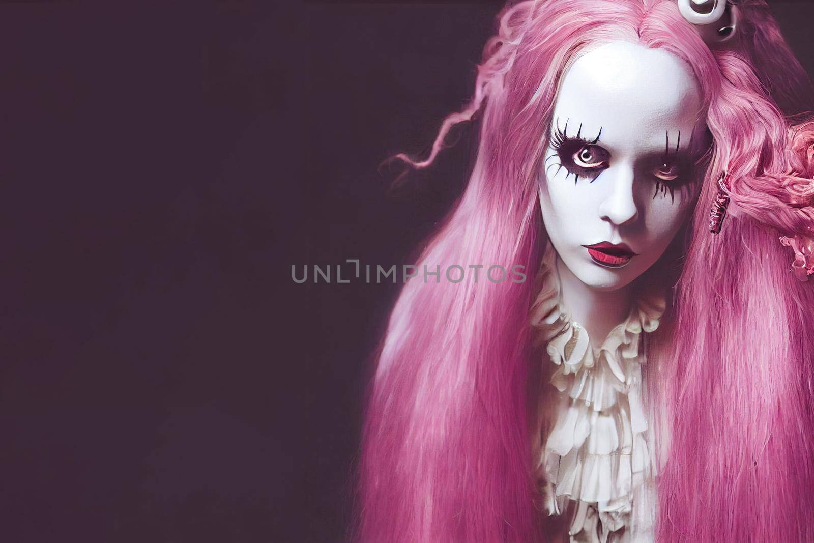 Spooky portrait pale white humanoid of a woman with light blonde and pink hair in halloween makeup. by FokasuArt