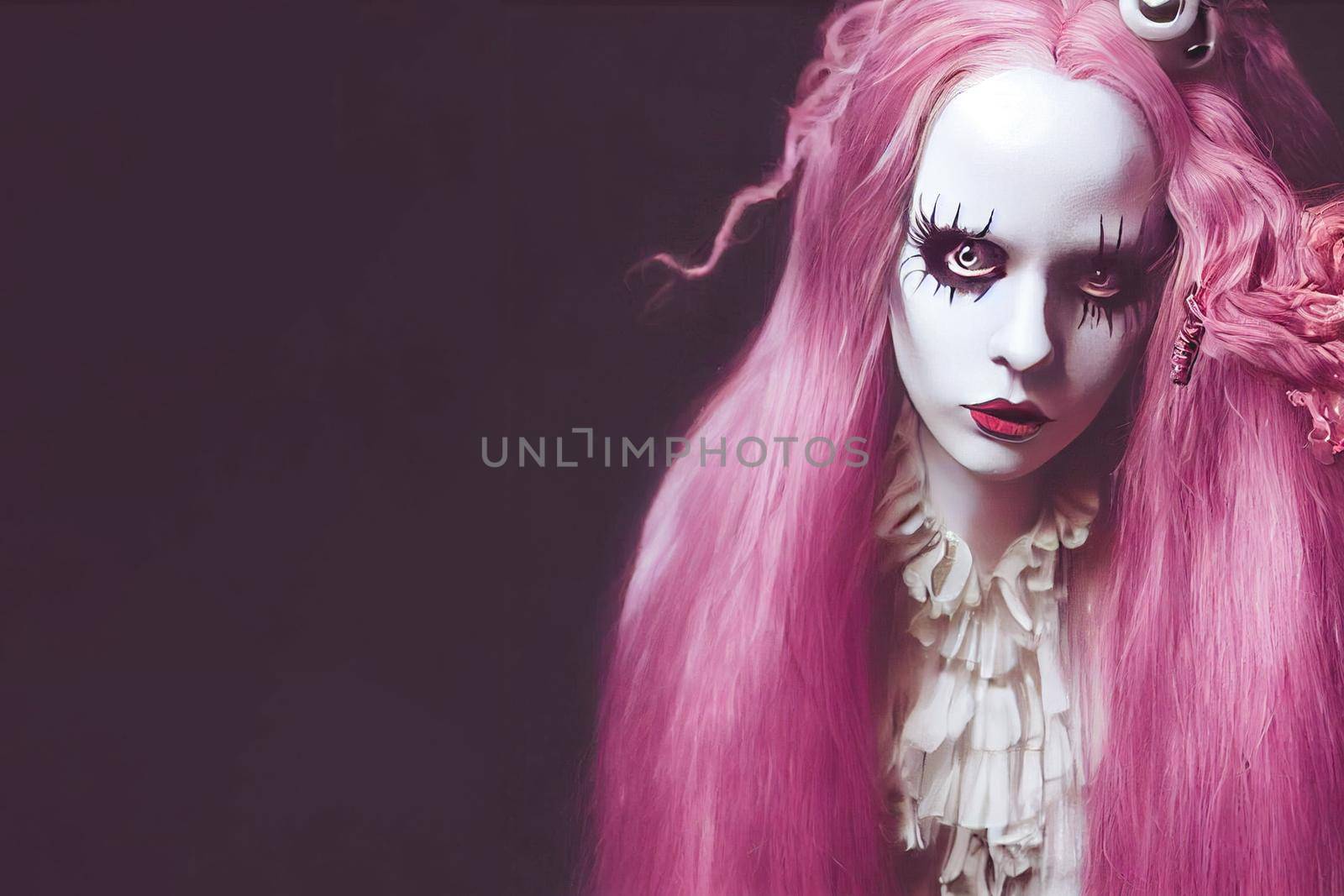 3D render, selective focused, blurred, Spooky portrait pale white humanoid of a woman with light blonde and pink hair in halloween makeup.