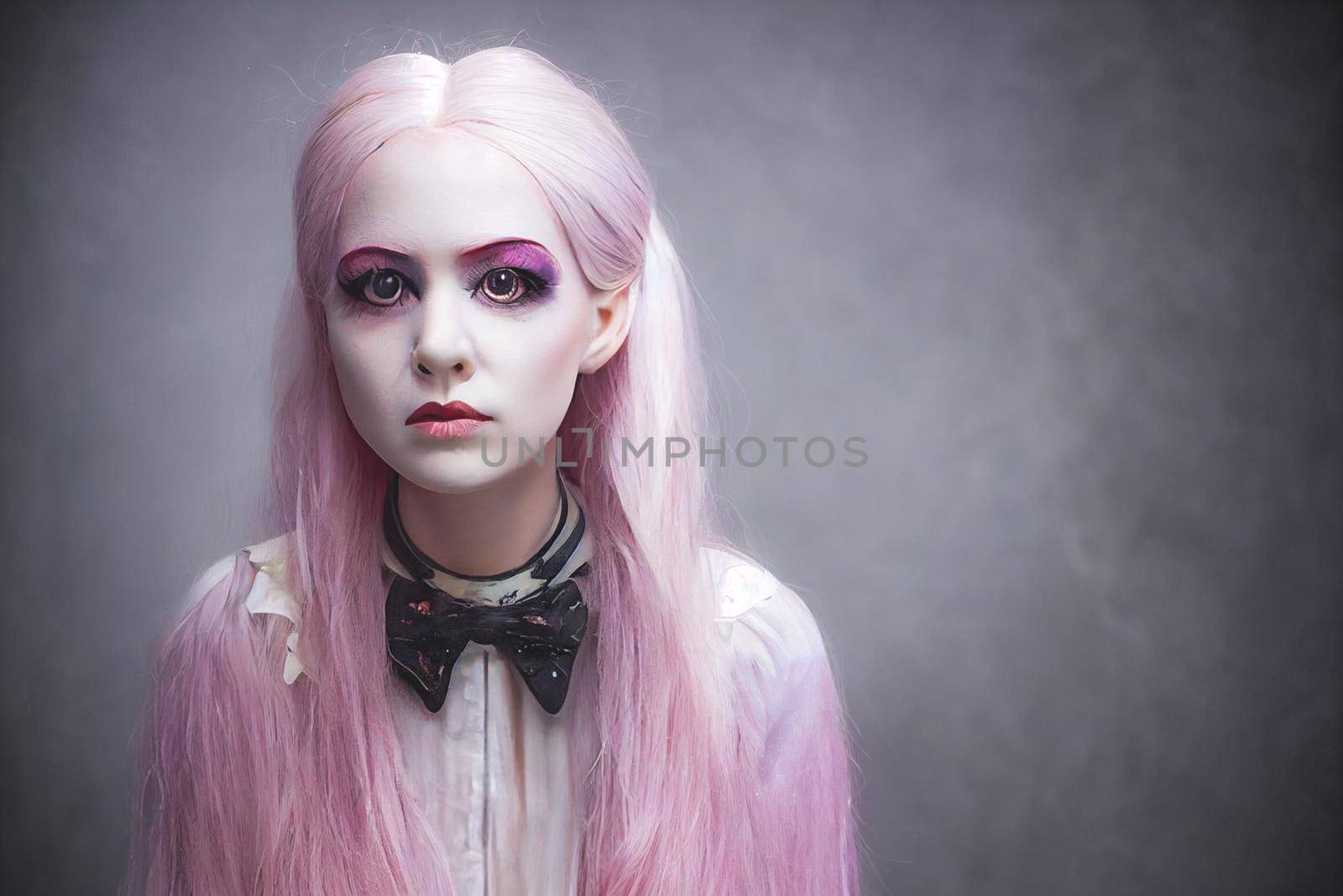 3D render, selective focused, blurred, Spooky portrait pale white humanoid of a woman with light blonde and pink hair in halloween makeup.