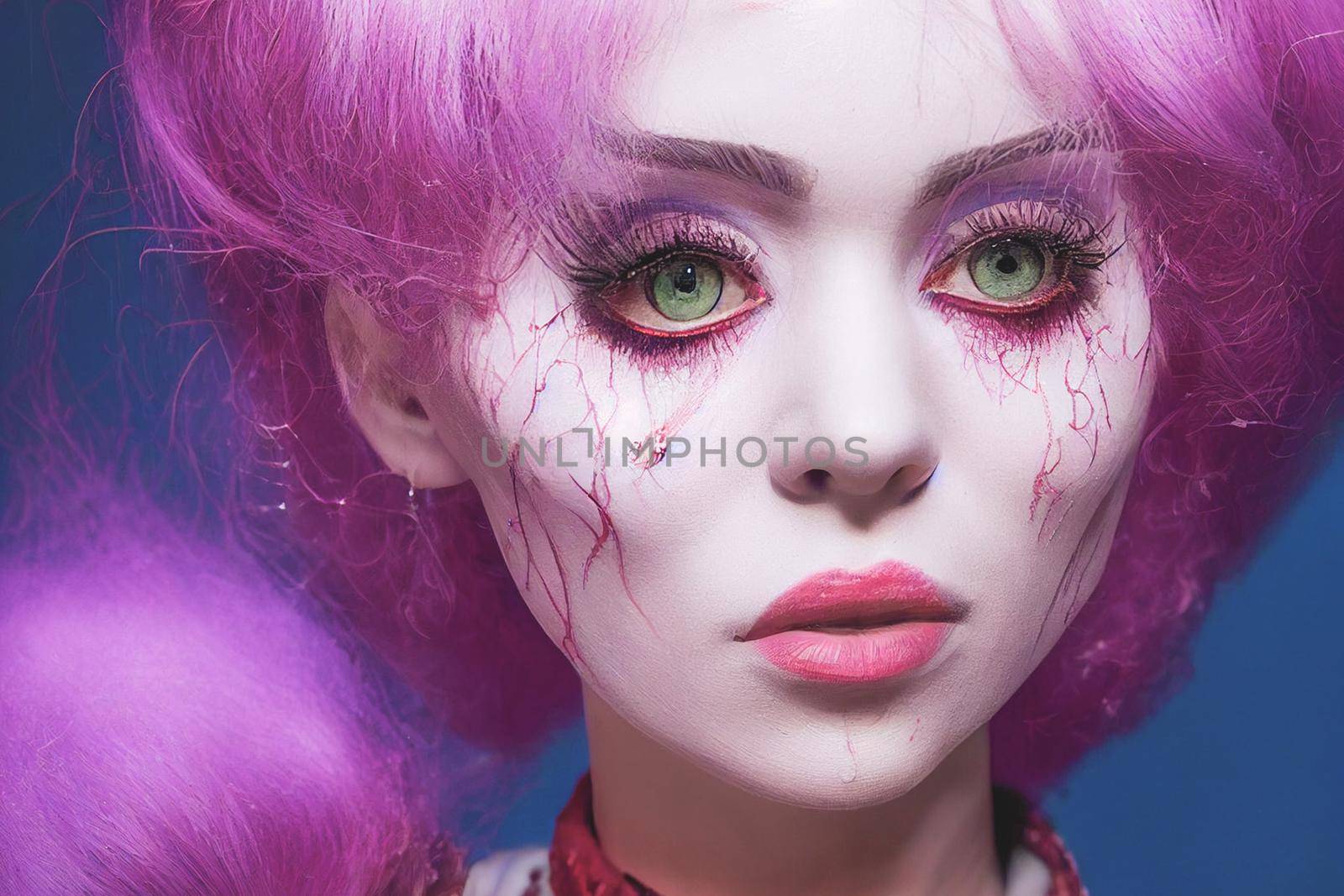 3D render, selective focused, blurred, Spooky portrait pale white humanoid of a woman with light blonde and pink hair in halloween makeup.