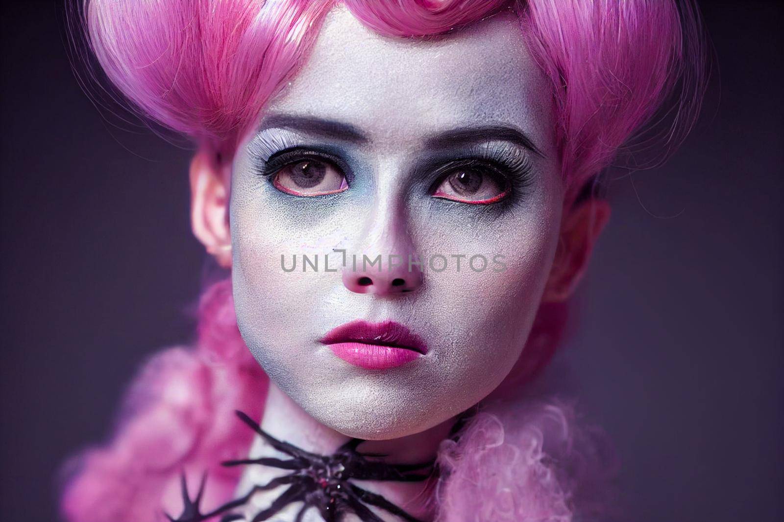 Spooky portrait pale white humanoid of a woman with light blonde and pink hair in halloween makeup. by FokasuArt