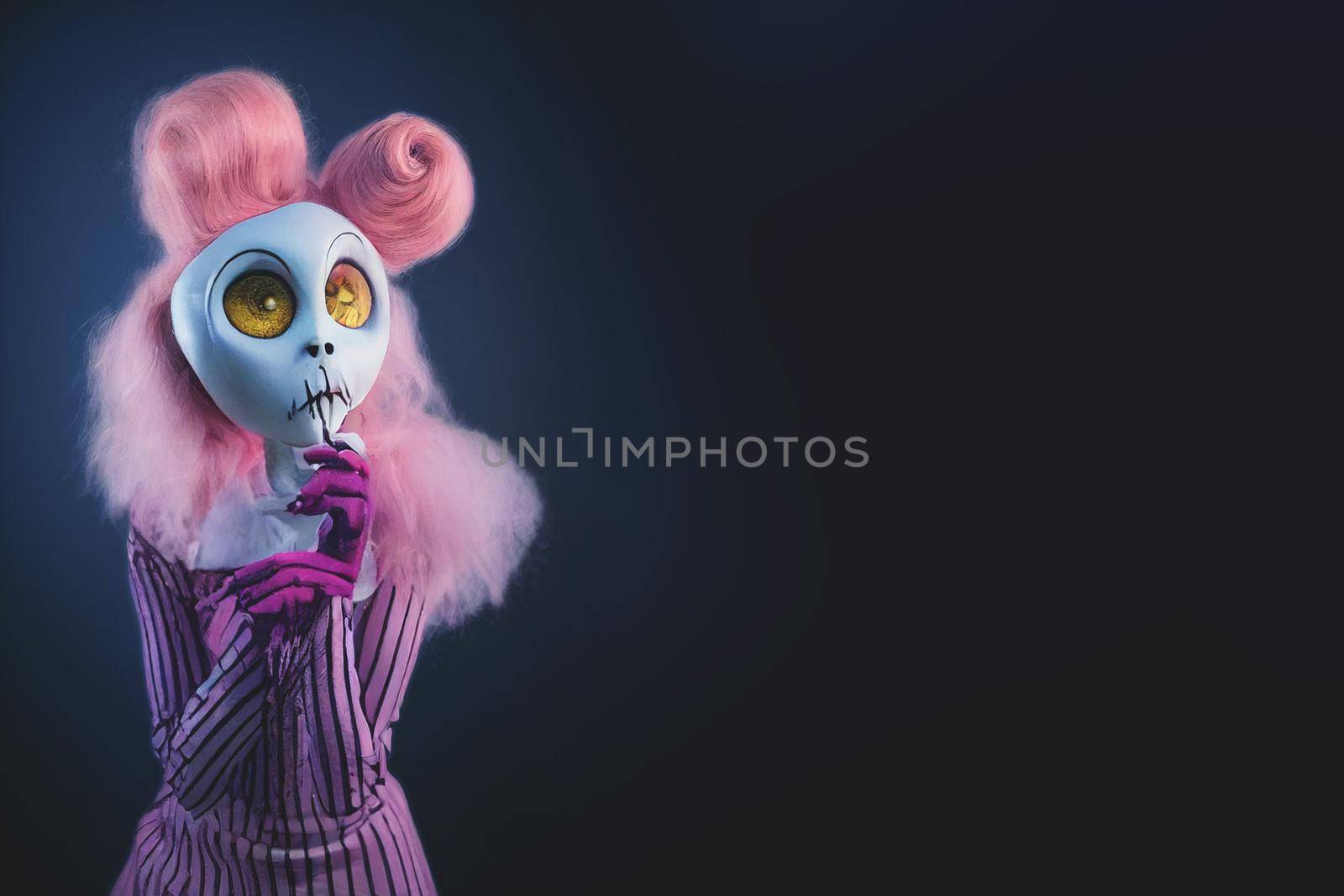 Spooky portrait pale white humanoid of a woman with light blonde and pink hair in halloween makeup. by FokasuArt